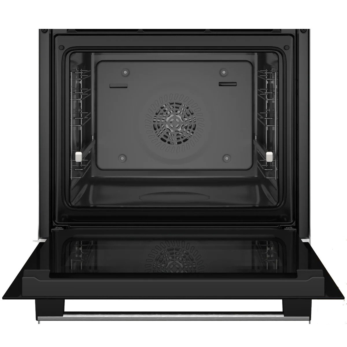 Un forno da incasso aperto con ventola e guide per griglia visibili.