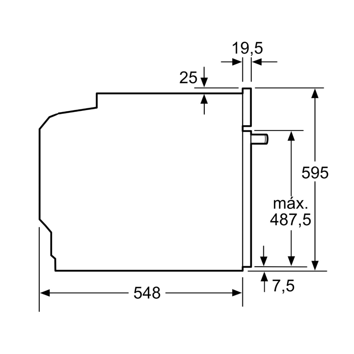 Disegno tecnico di un apparecchio con dimensioni in mm. Larghezza e profondità a sinistra, altezza a destra.