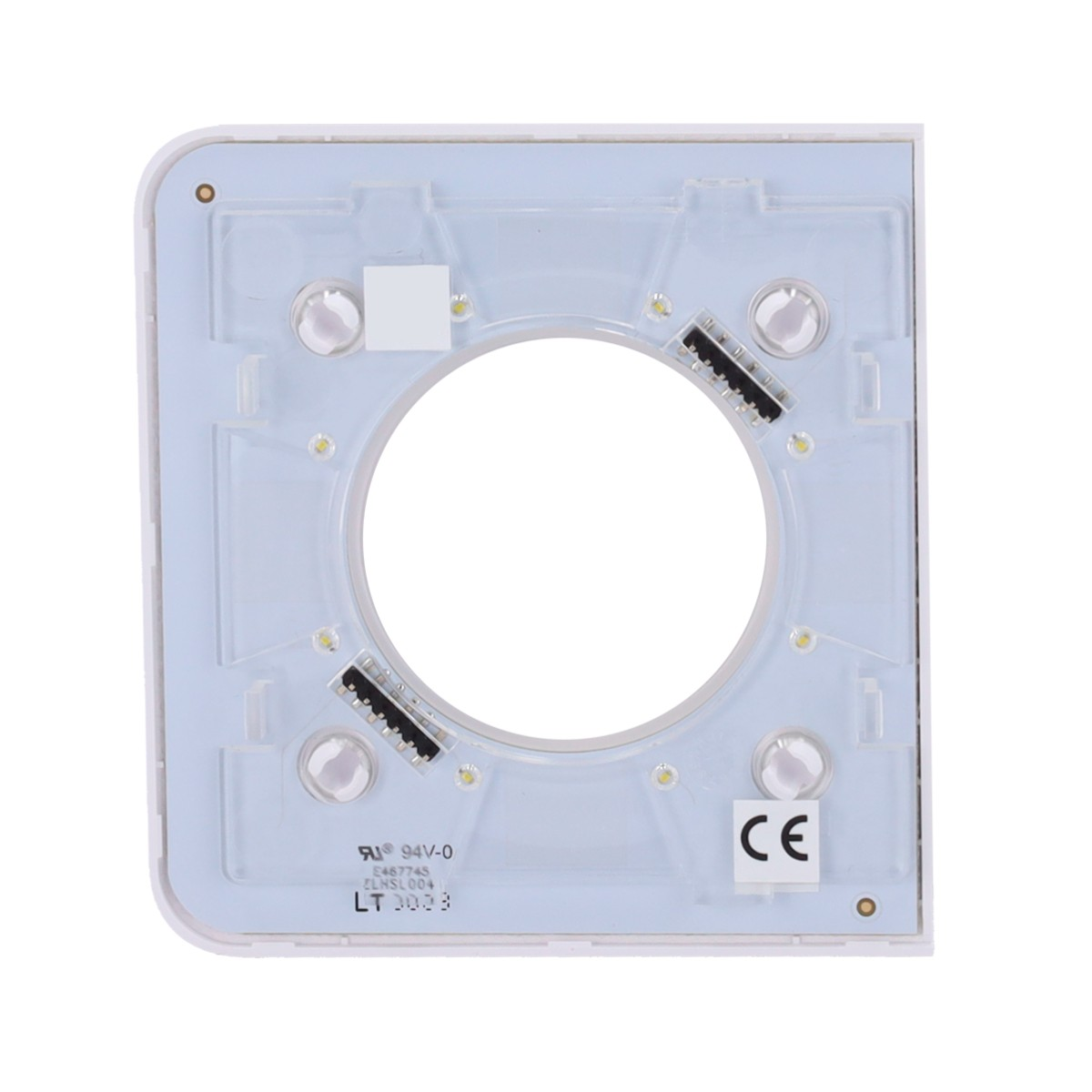 Retro di un quadrato bianco con ritaglio circolare, elettronica e marchio CE.