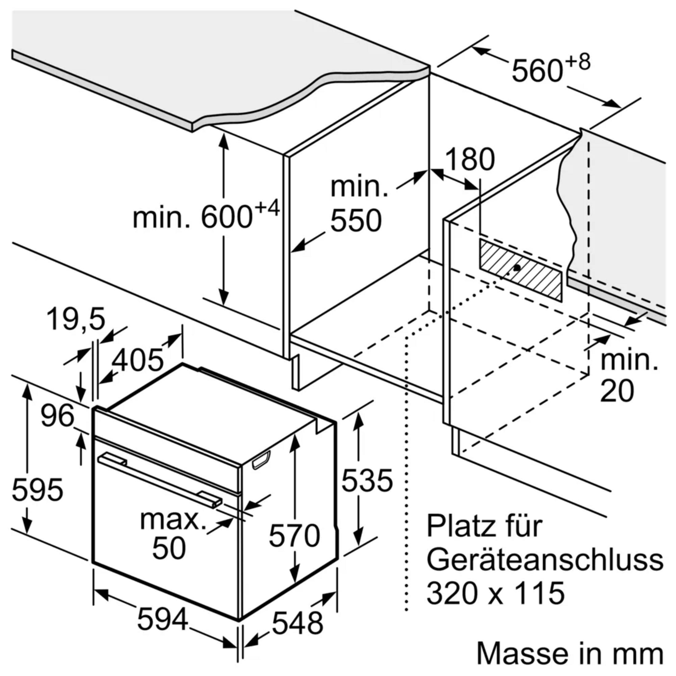 Schéma d'installation d'un four avec dimensions en mm. Indique hauteurs et largeurs.