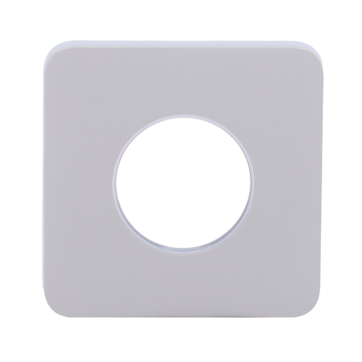 Piastra quadrata grigio chiaro con apertura circolare centrale su sfondo bianco.