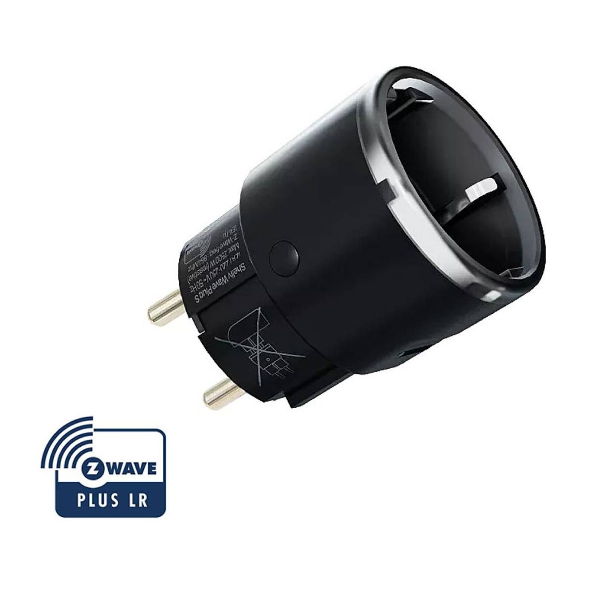 Enchufe inteligente negro con logo Z-Wave Plus LR. Potencia máxima 2500W.