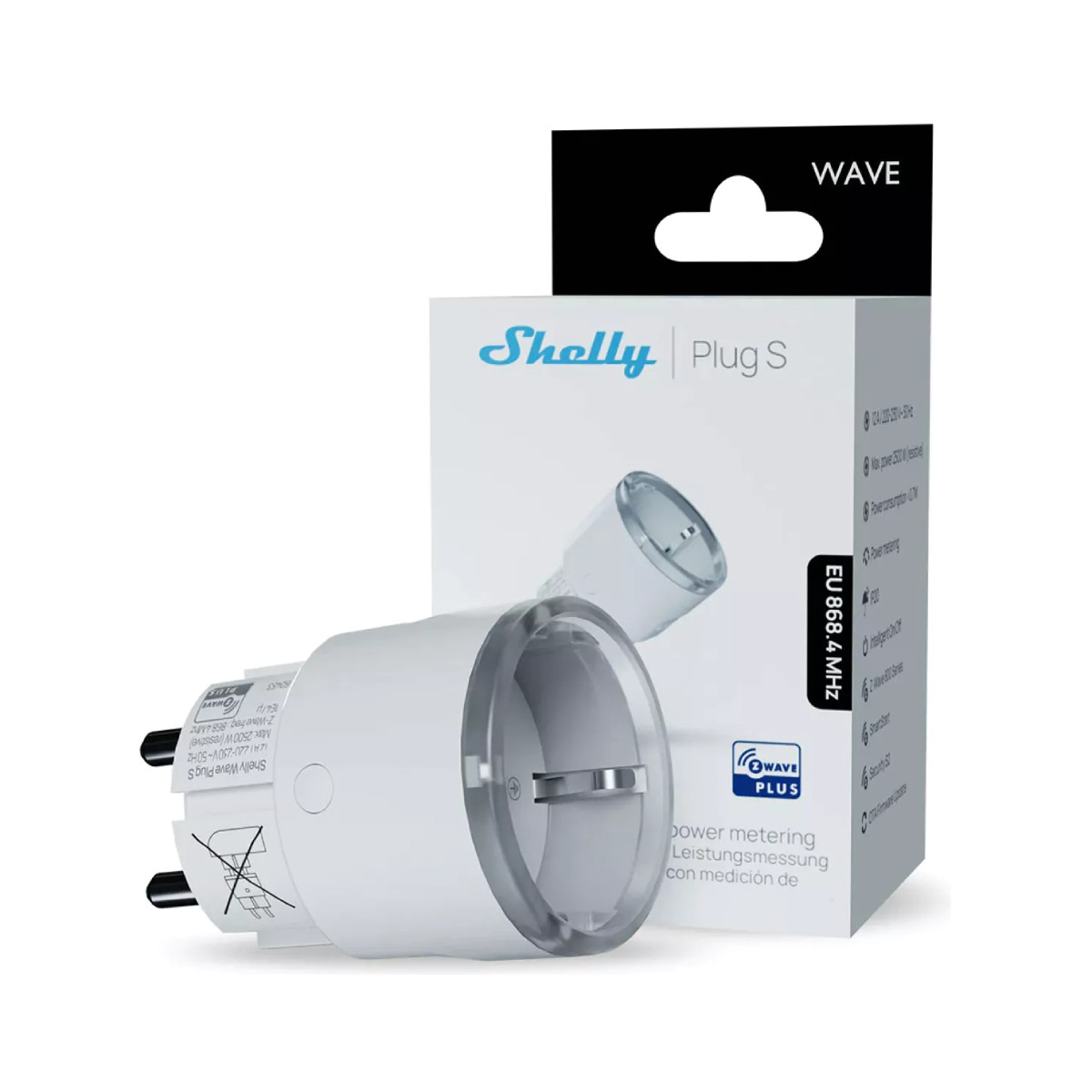 Una presa Shelly S bianca con tecnologia Z-Wave su sfondo bianco.