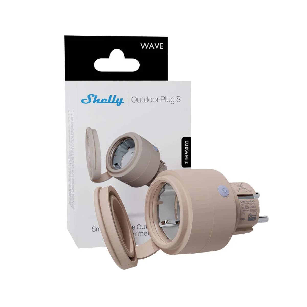 Un enchufe exterior Shelly en beige con tapa abierta, junto a su embalaje.