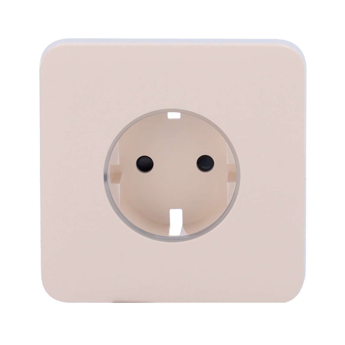 Una presa elettrica beige con due contatti rotondi neri.