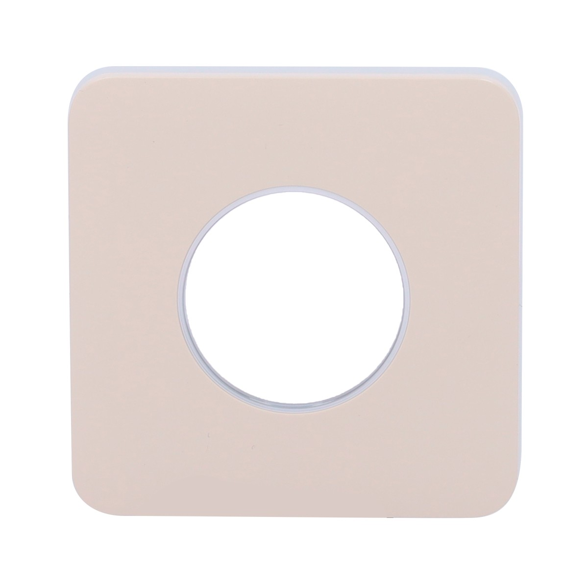 Una cornice quadrata color crema con angoli arrotondati e un ritaglio circolare al centro.