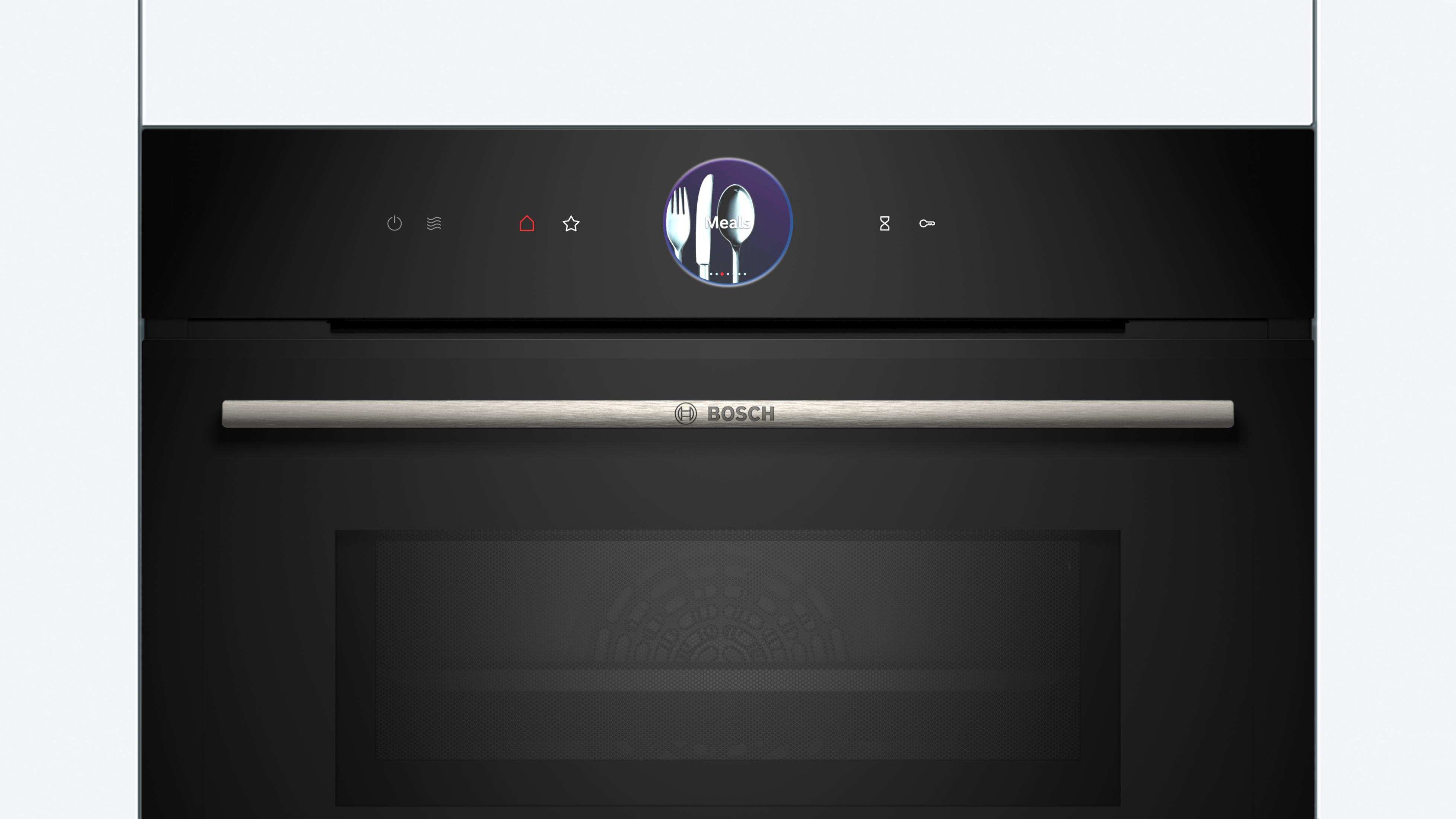Four Bosch noir moderne avec écran tactile affichant des options de repas.
