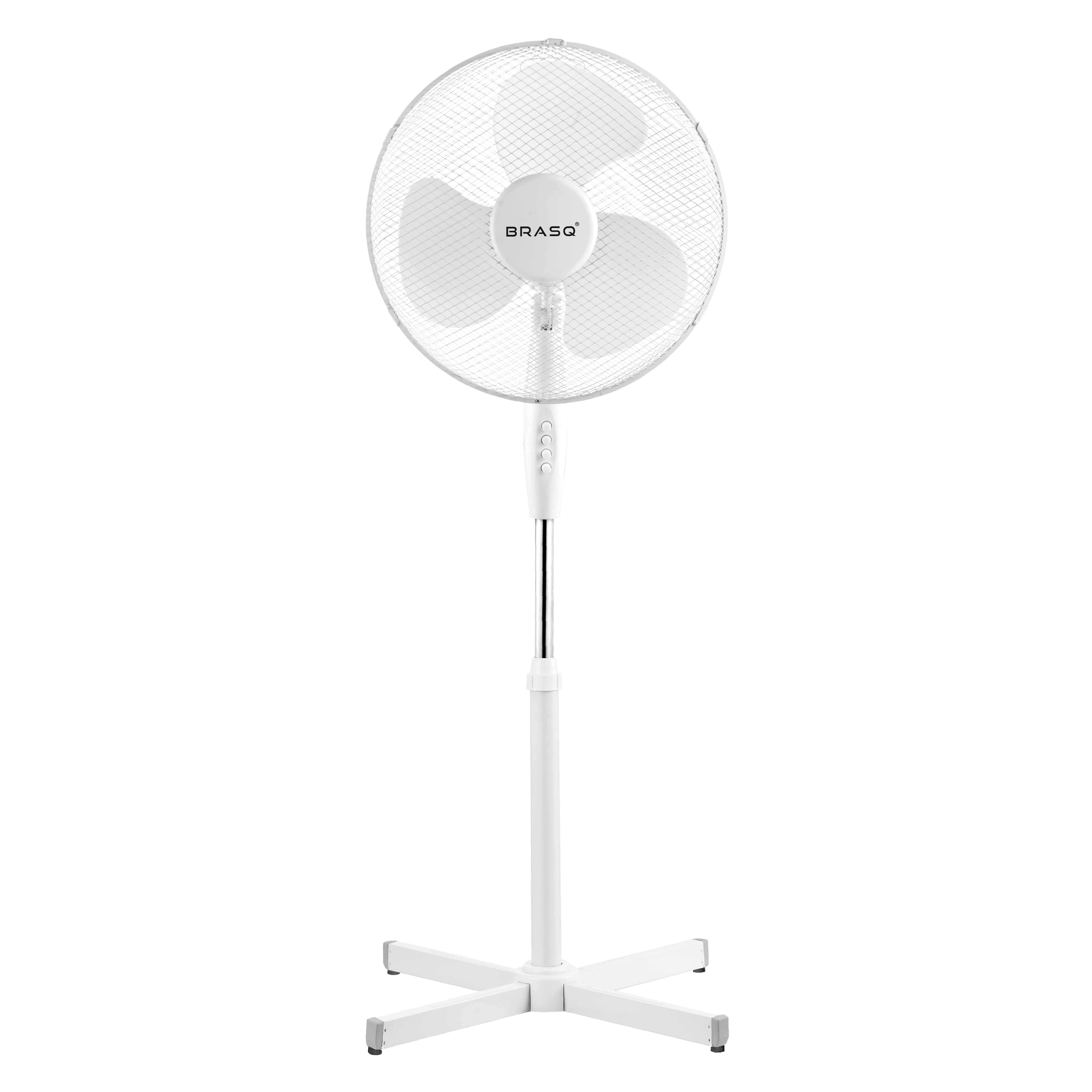 A white pedestal fan with a metal grille and three blades.