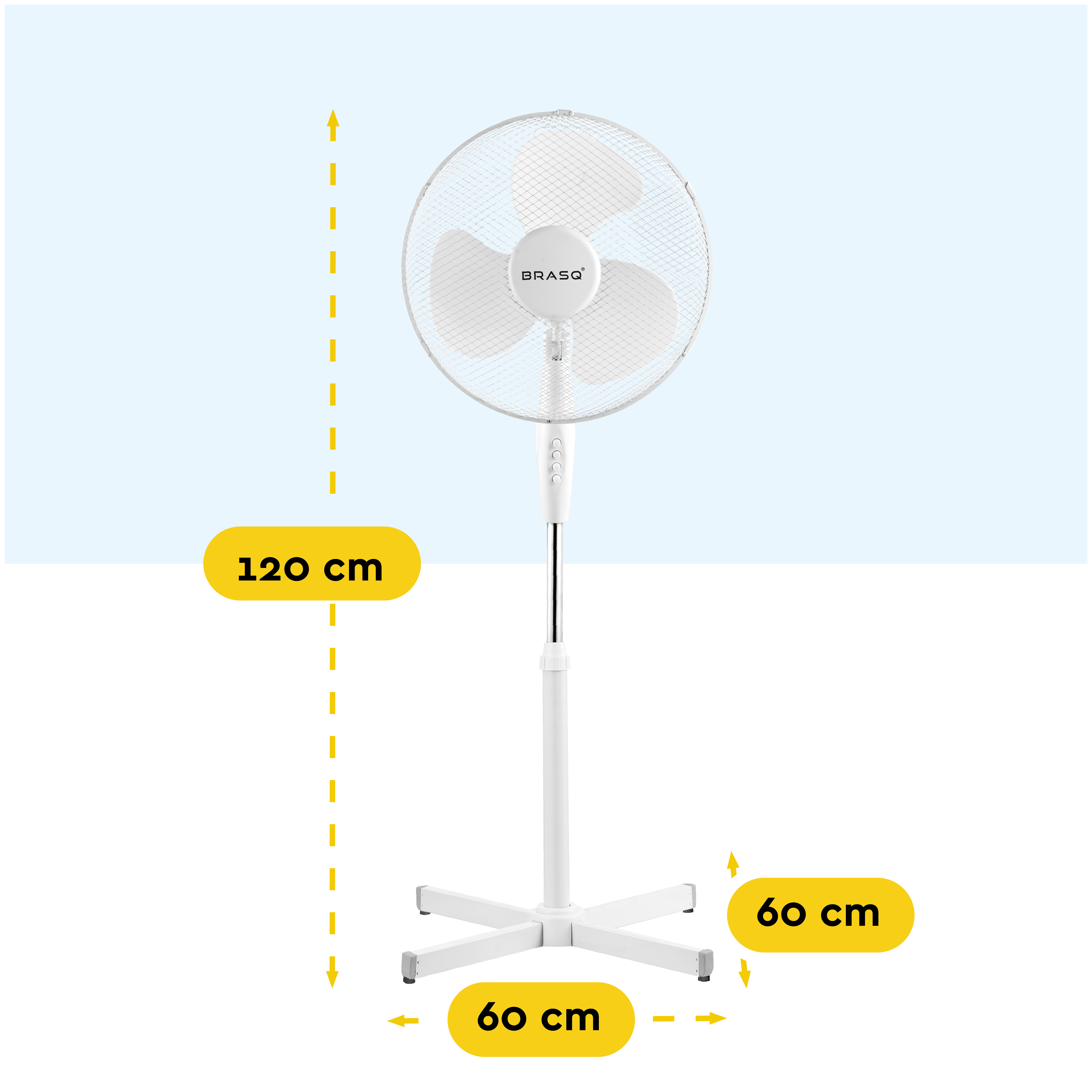 A white pedestal fan with a 60 cm diameter and 120 cm height.