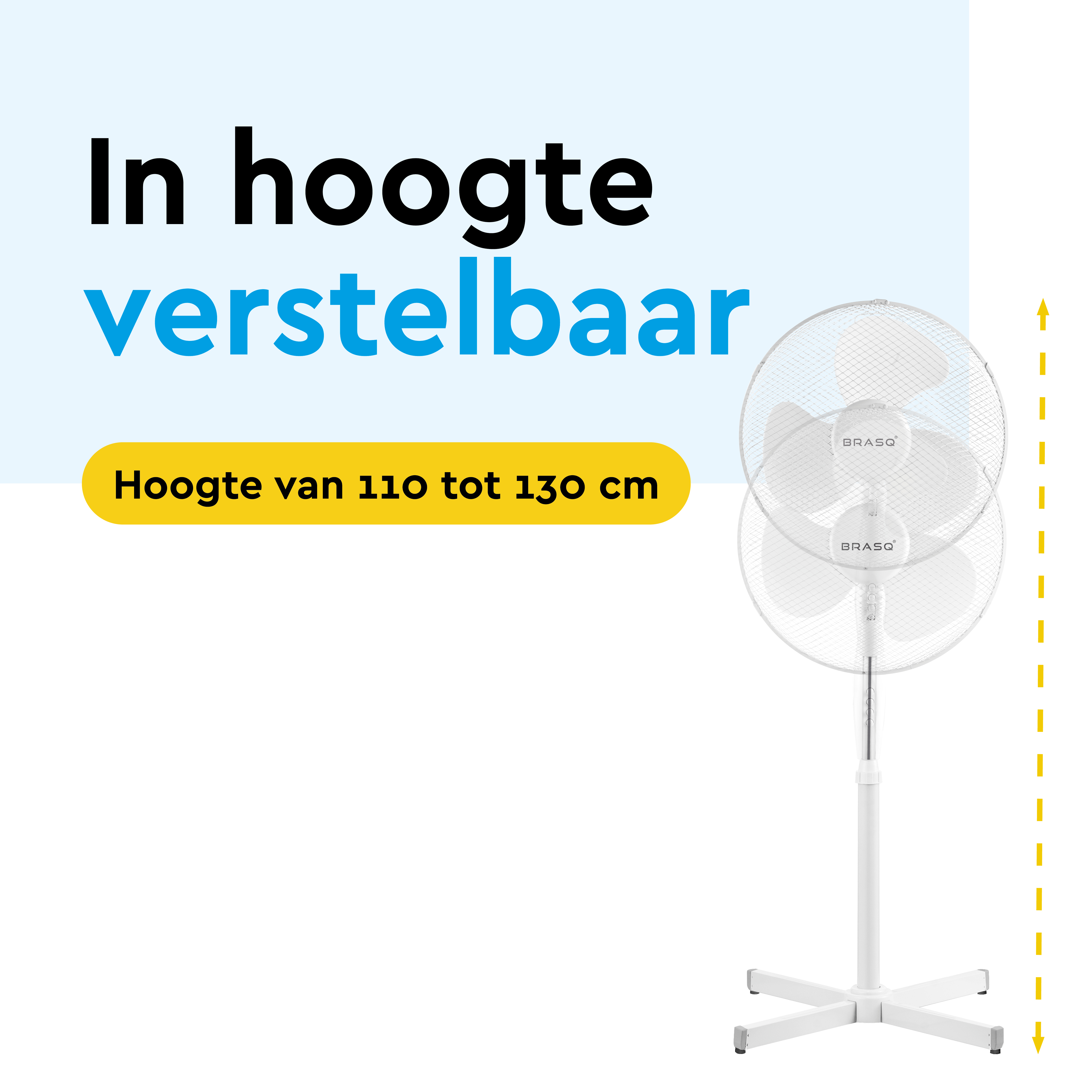 A white standing fan with adjustable height from 110-130 cm.