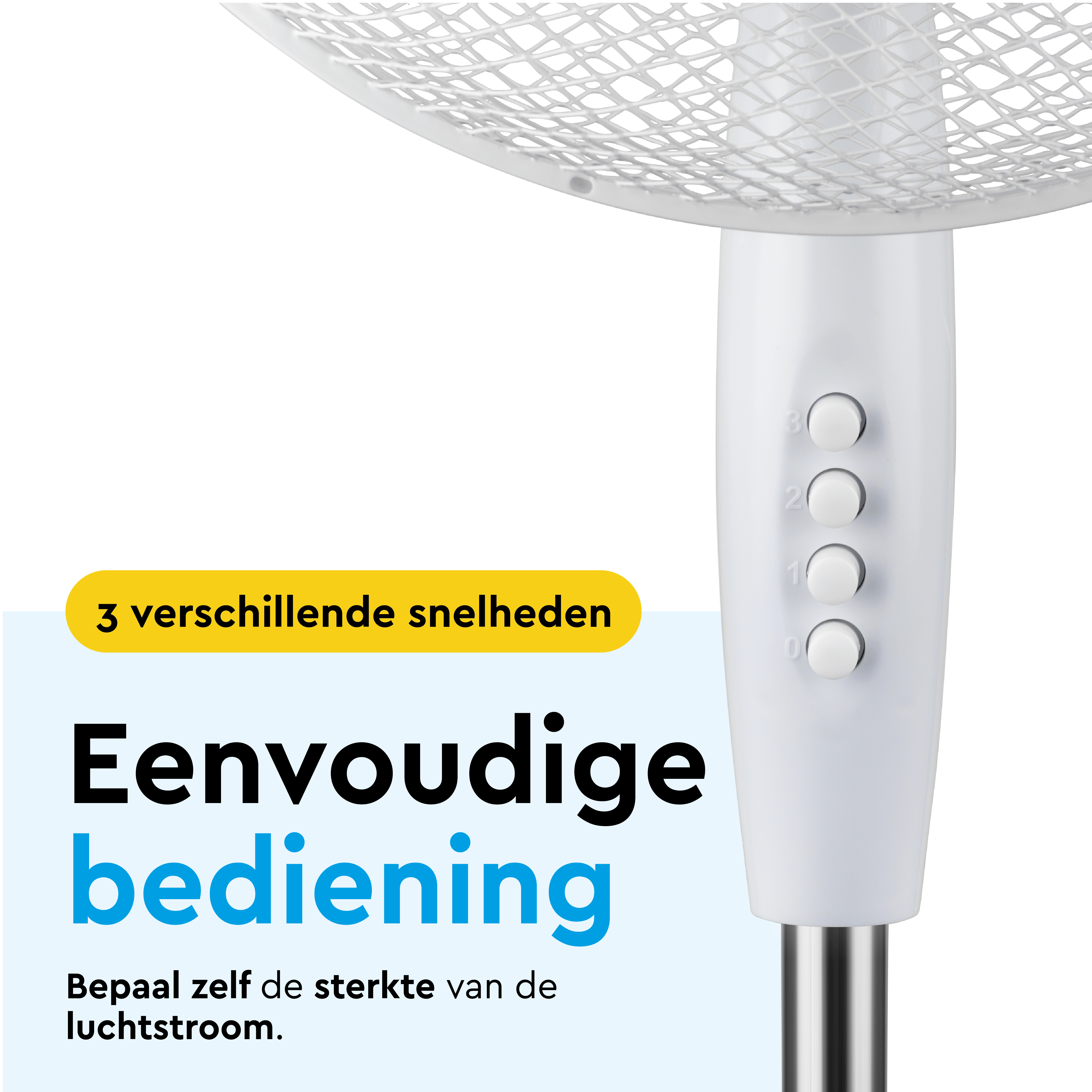 A white fan with 3 speed settings and control buttons on its stand.