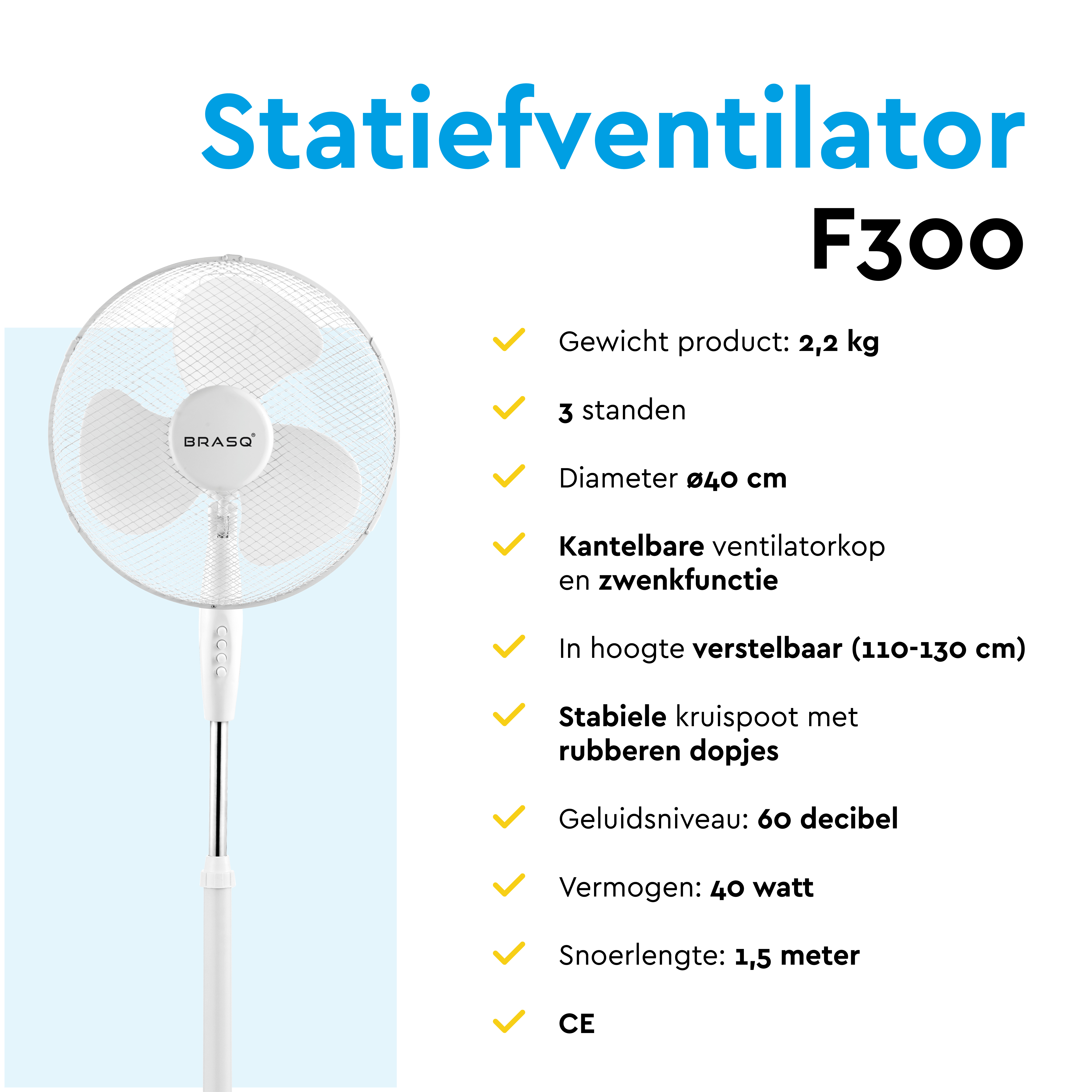 A white standing fan, model F300, with technical specifications listed.