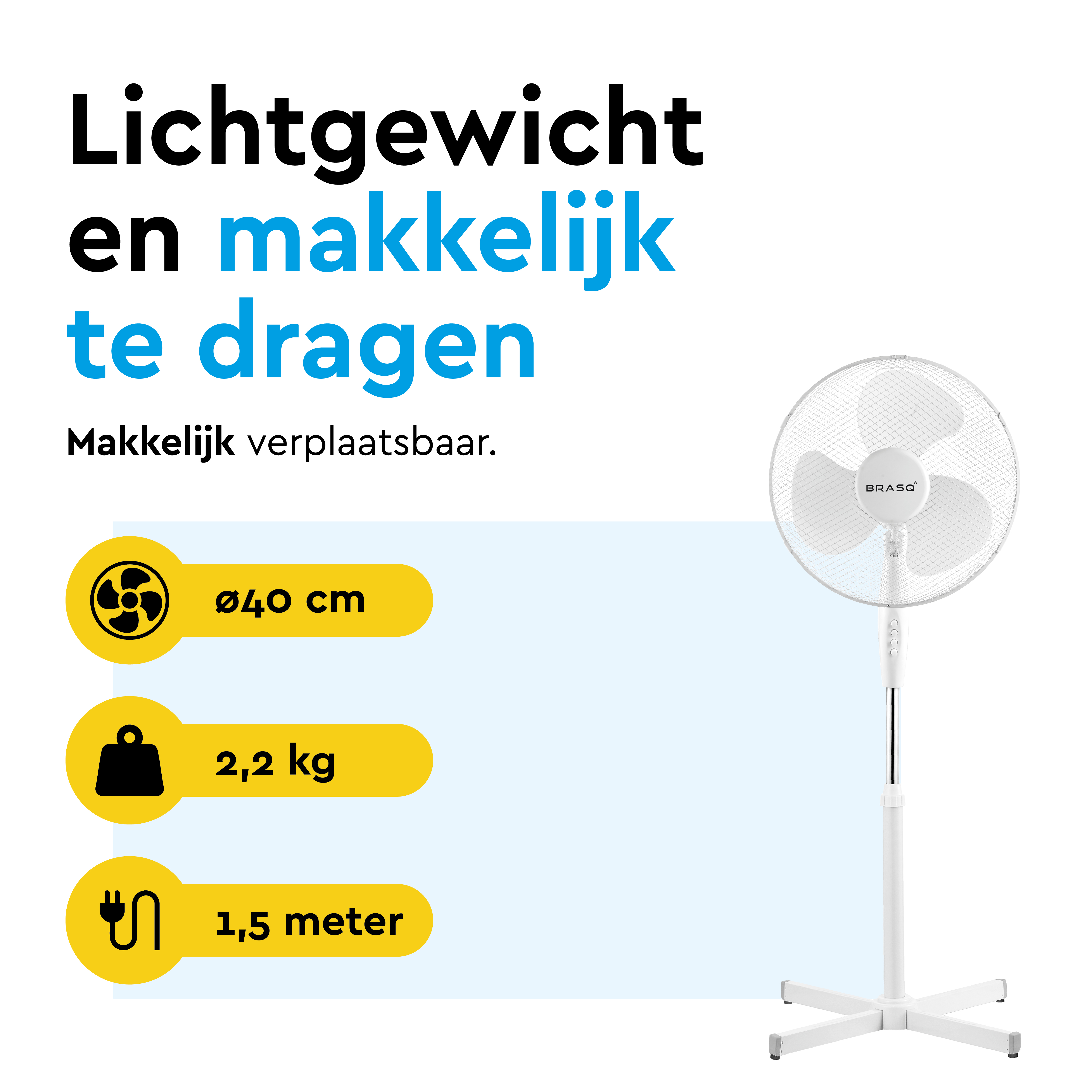 A white standing fan with a 40cm diameter, 2.2kg weight, and 1.5m cord.