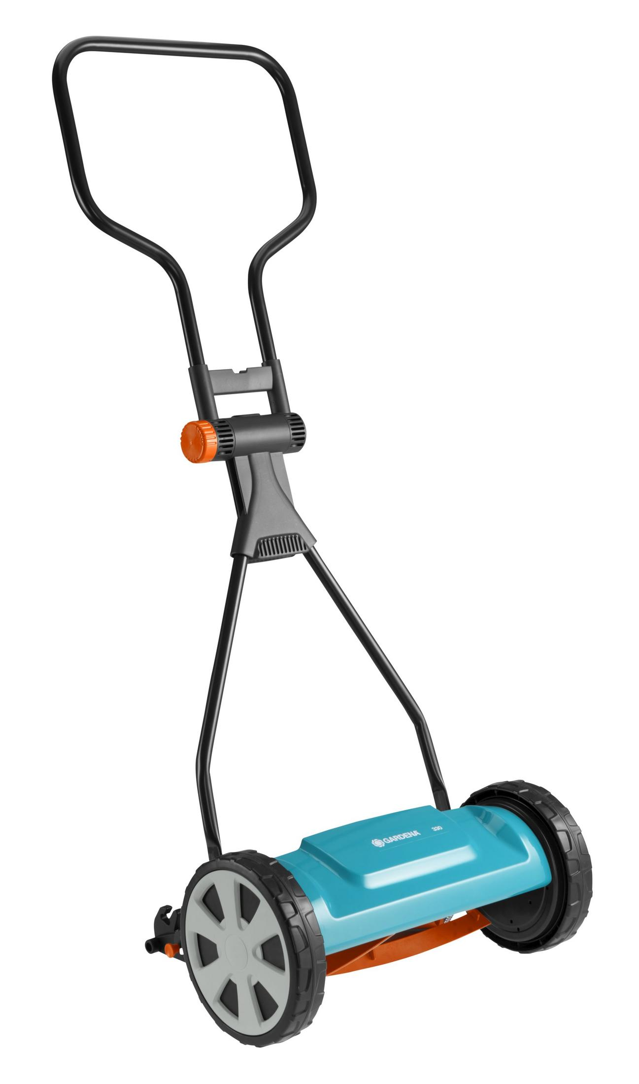 Un cortacésped manual azul con mango negro y dos ruedas.