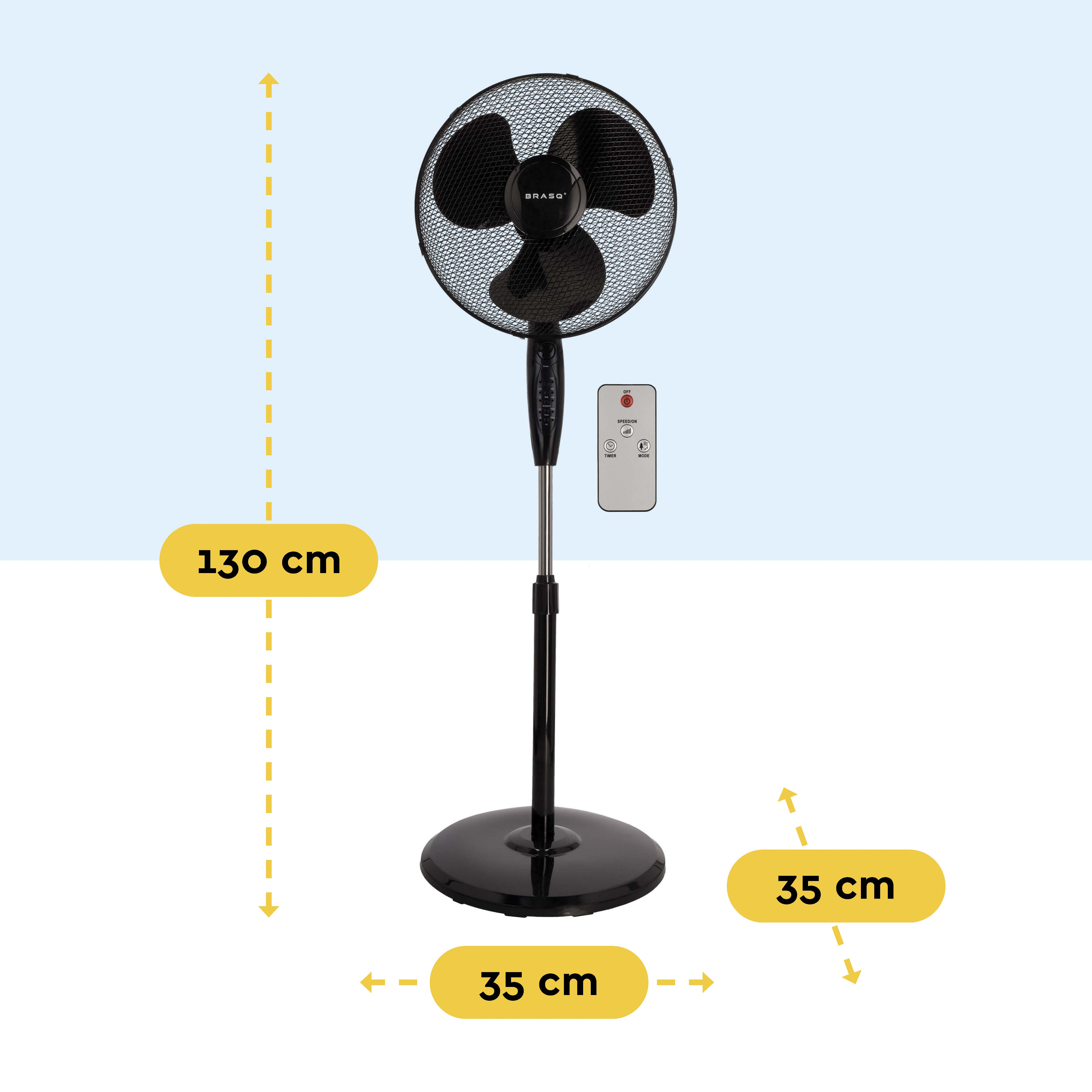 A black standing fan with a remote. Height: 130cm, Width: 35cm.