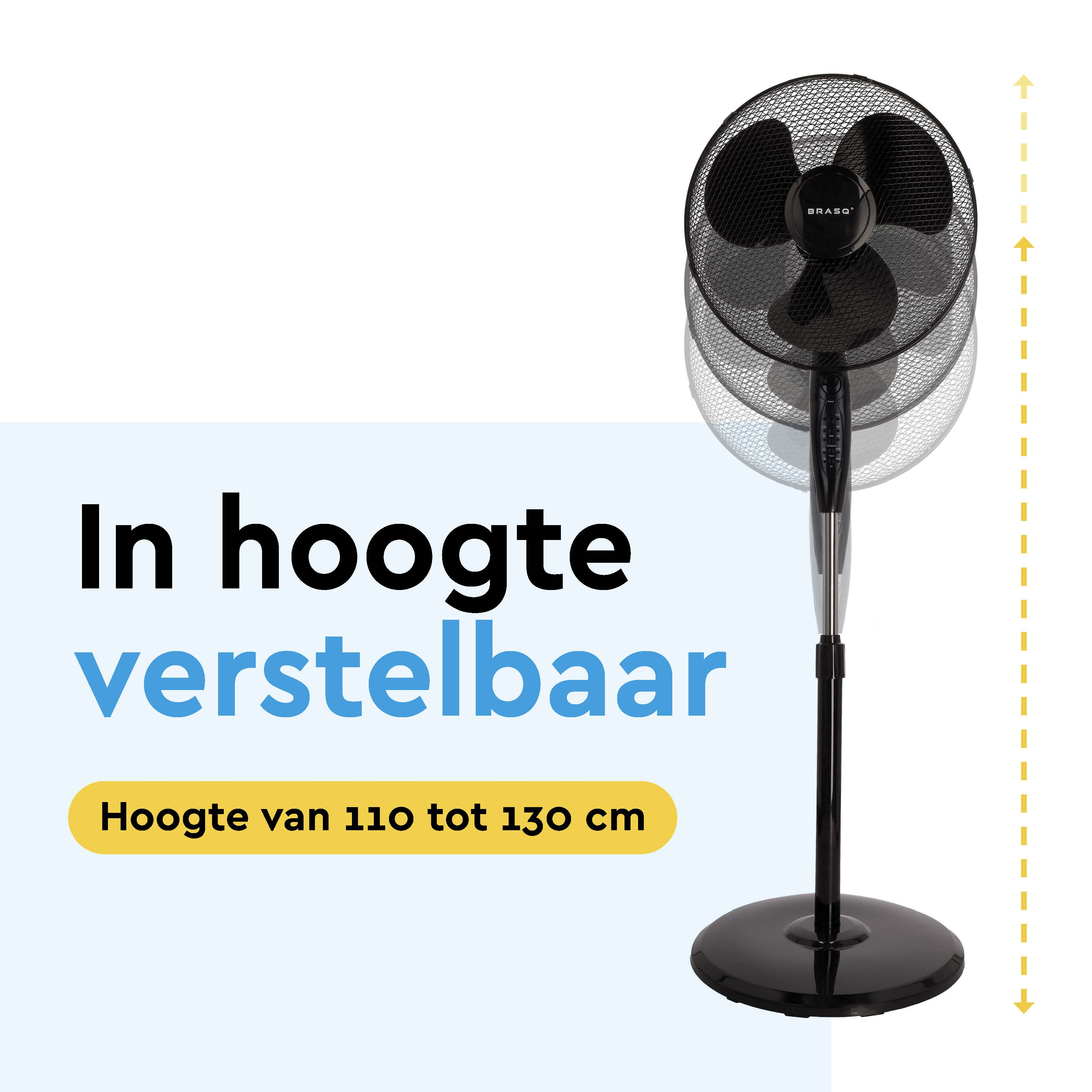 A black pedestal fan with adjustable height from 110 to 130 cm.