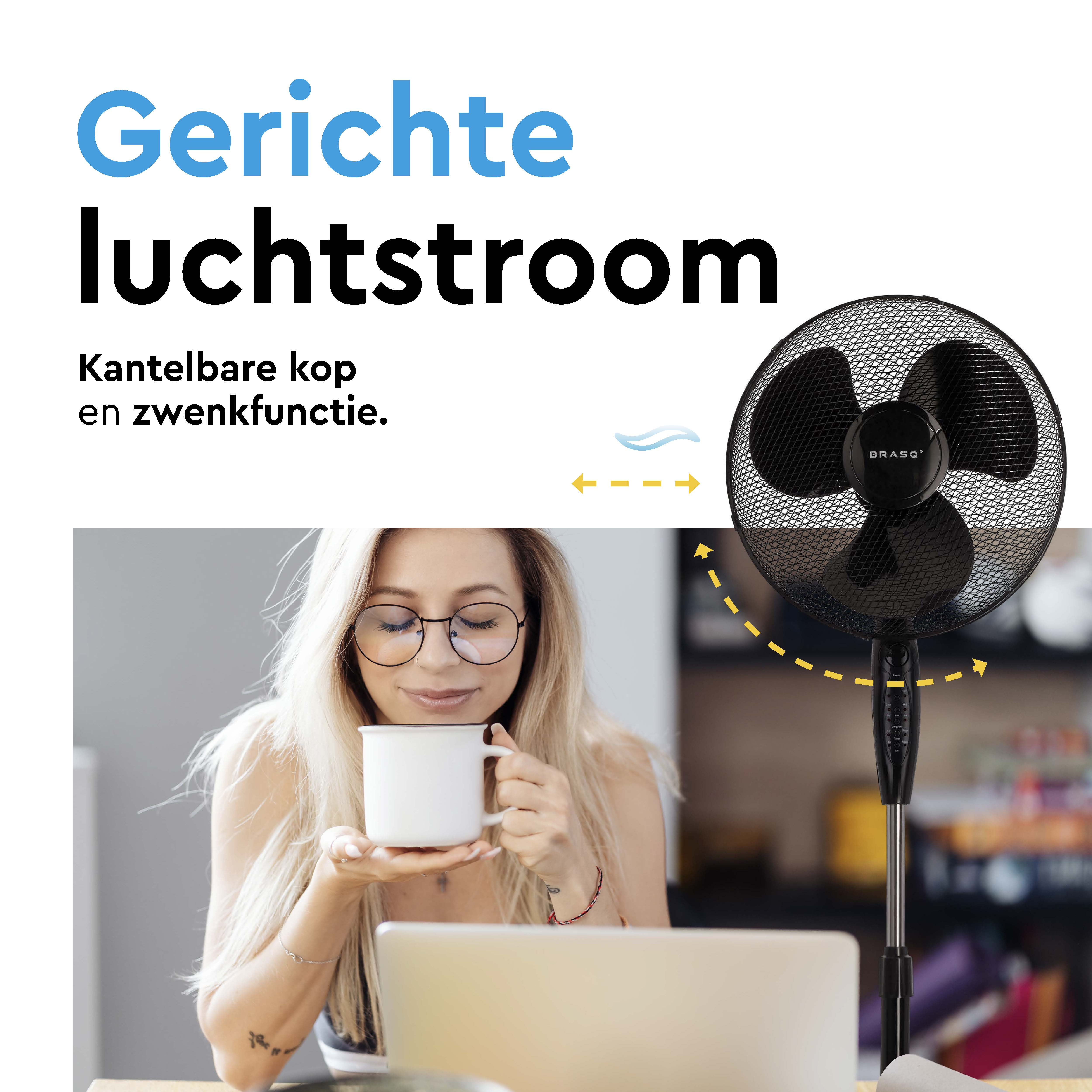A woman drinks coffee in front of a fan. Text: Directed airflow.