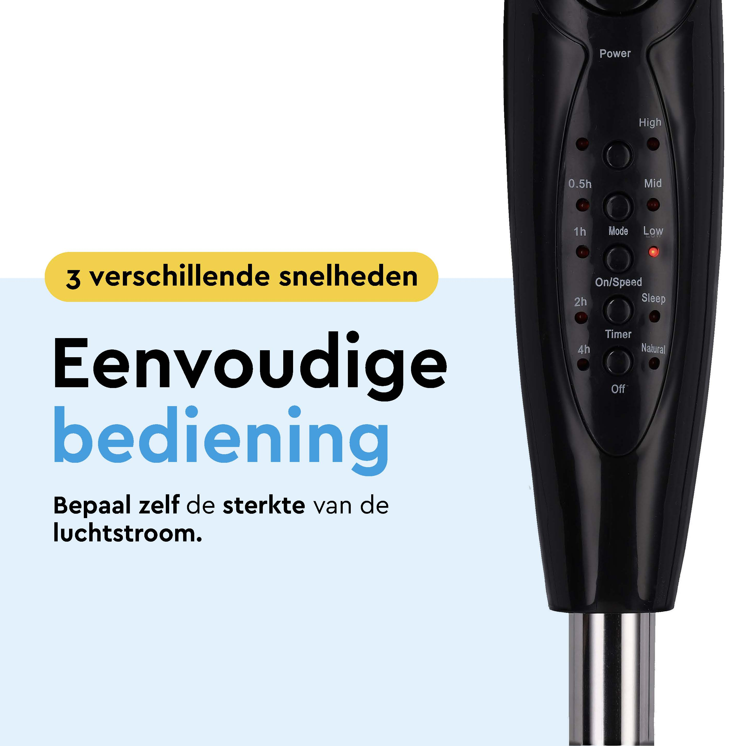 Black fan handle with control buttons and text display.