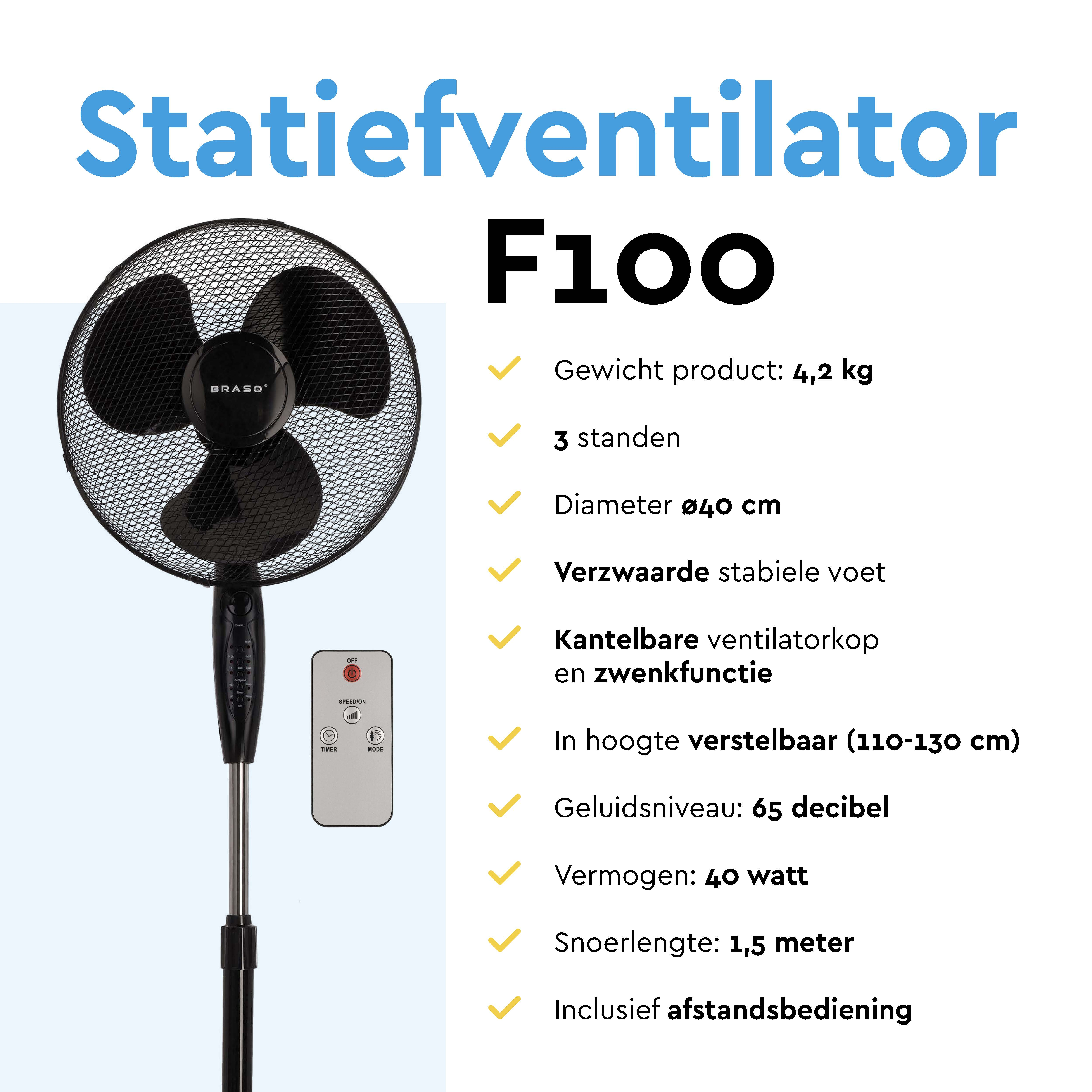 A black standing fan with a remote control and product specifications.
