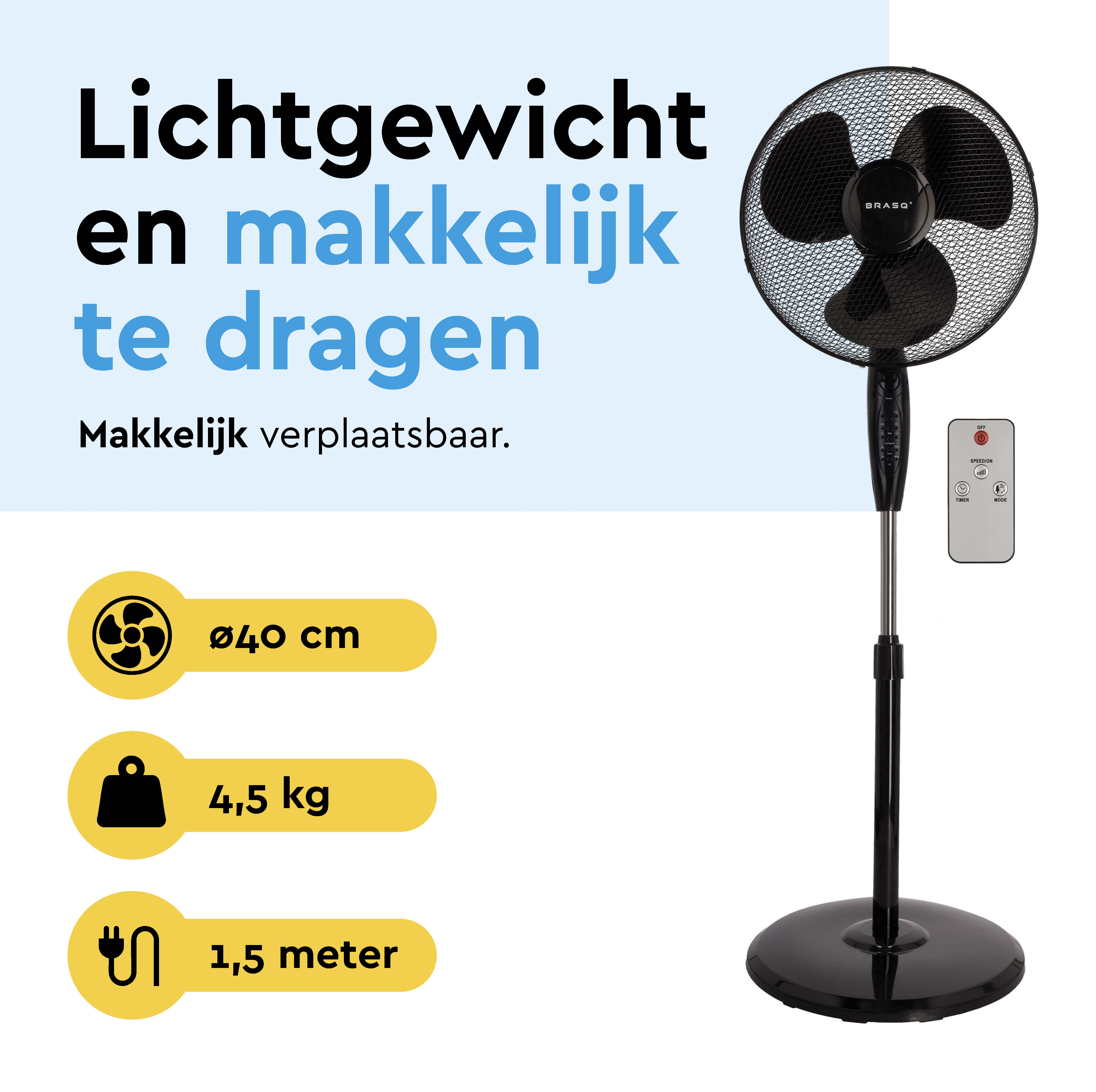 A black standing fan with a remote control and specifications.