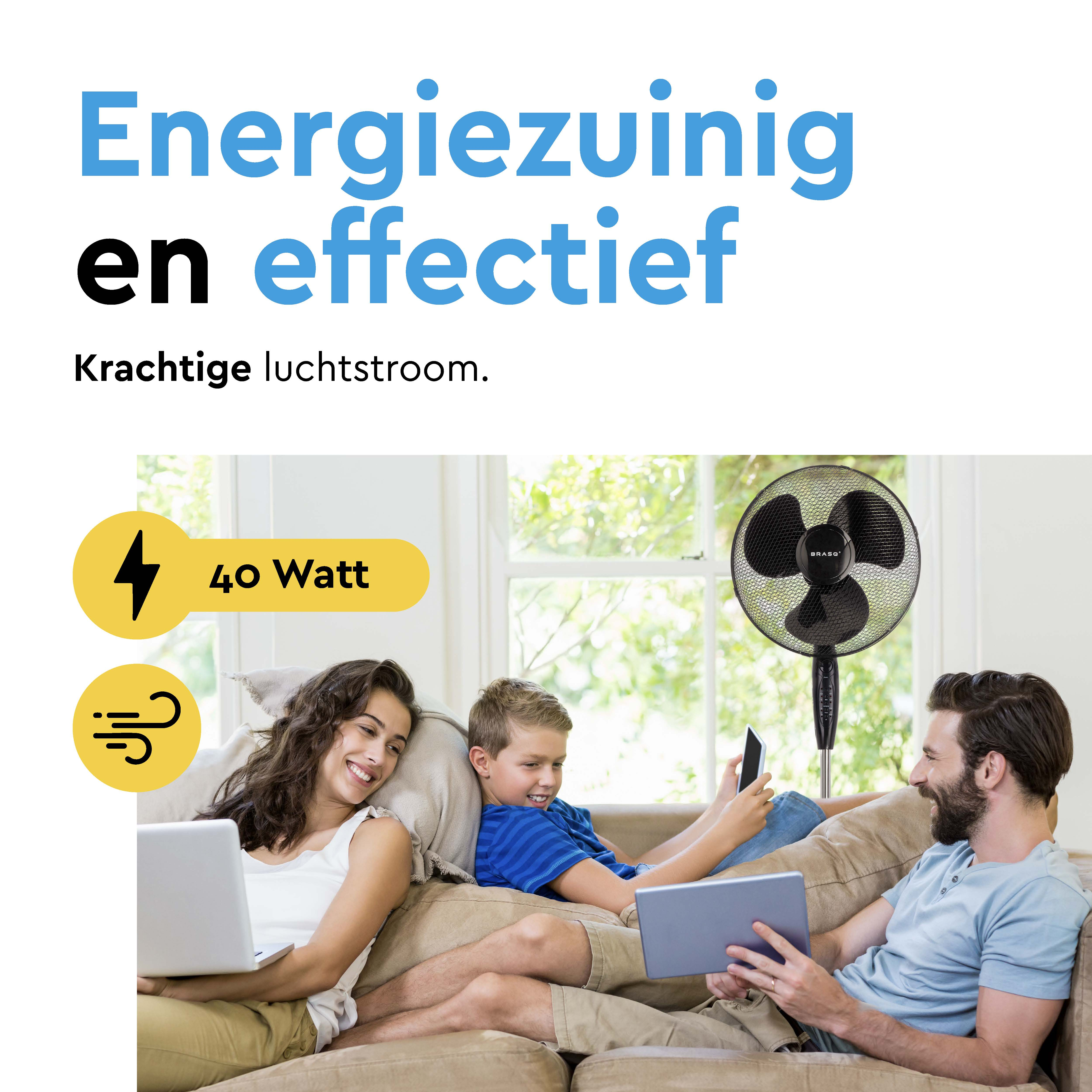 Family relaxing on sofa with fan. 40 Watt power.