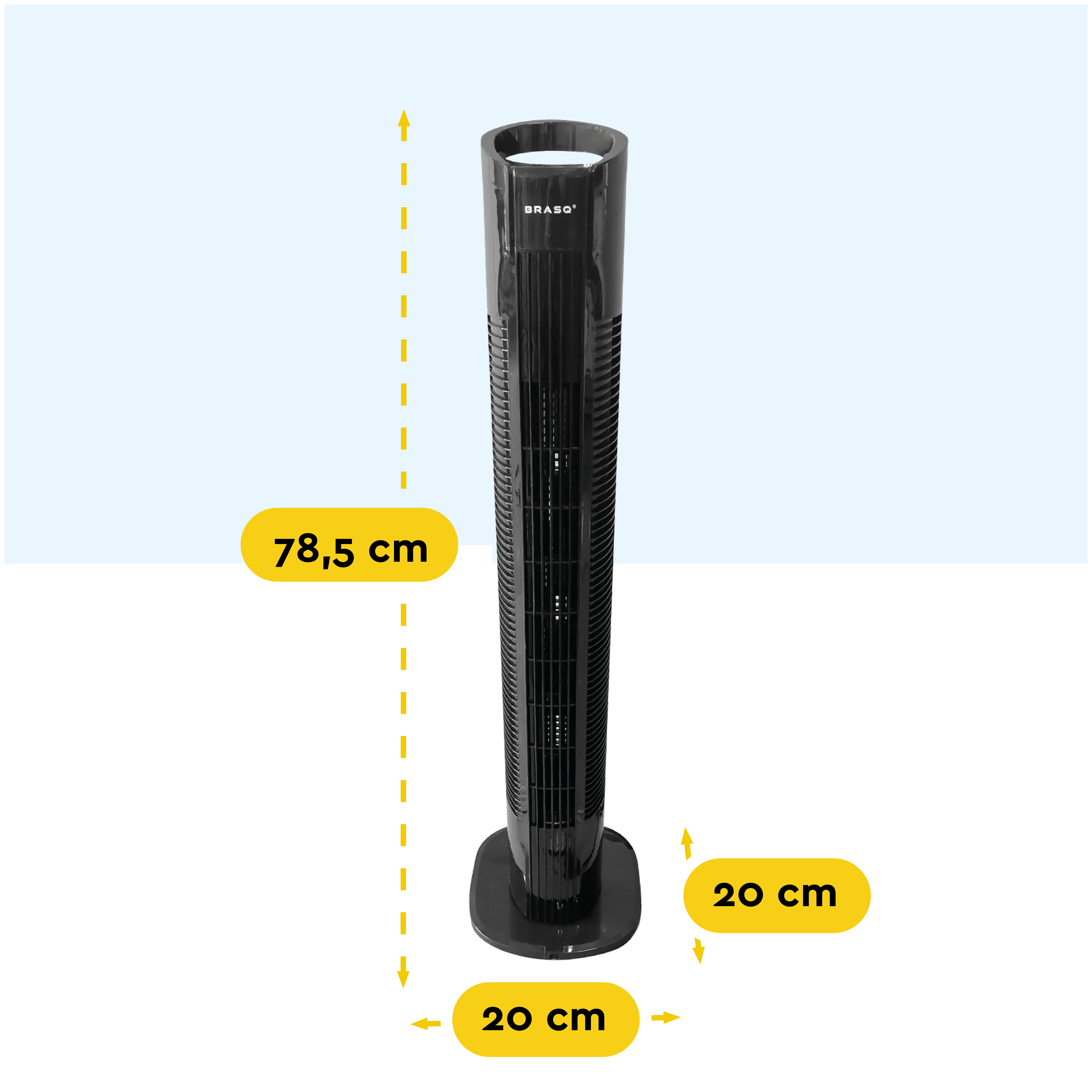 A black tower fan, 78.5 cm tall and 20 cm wide, shown against a light blue background.