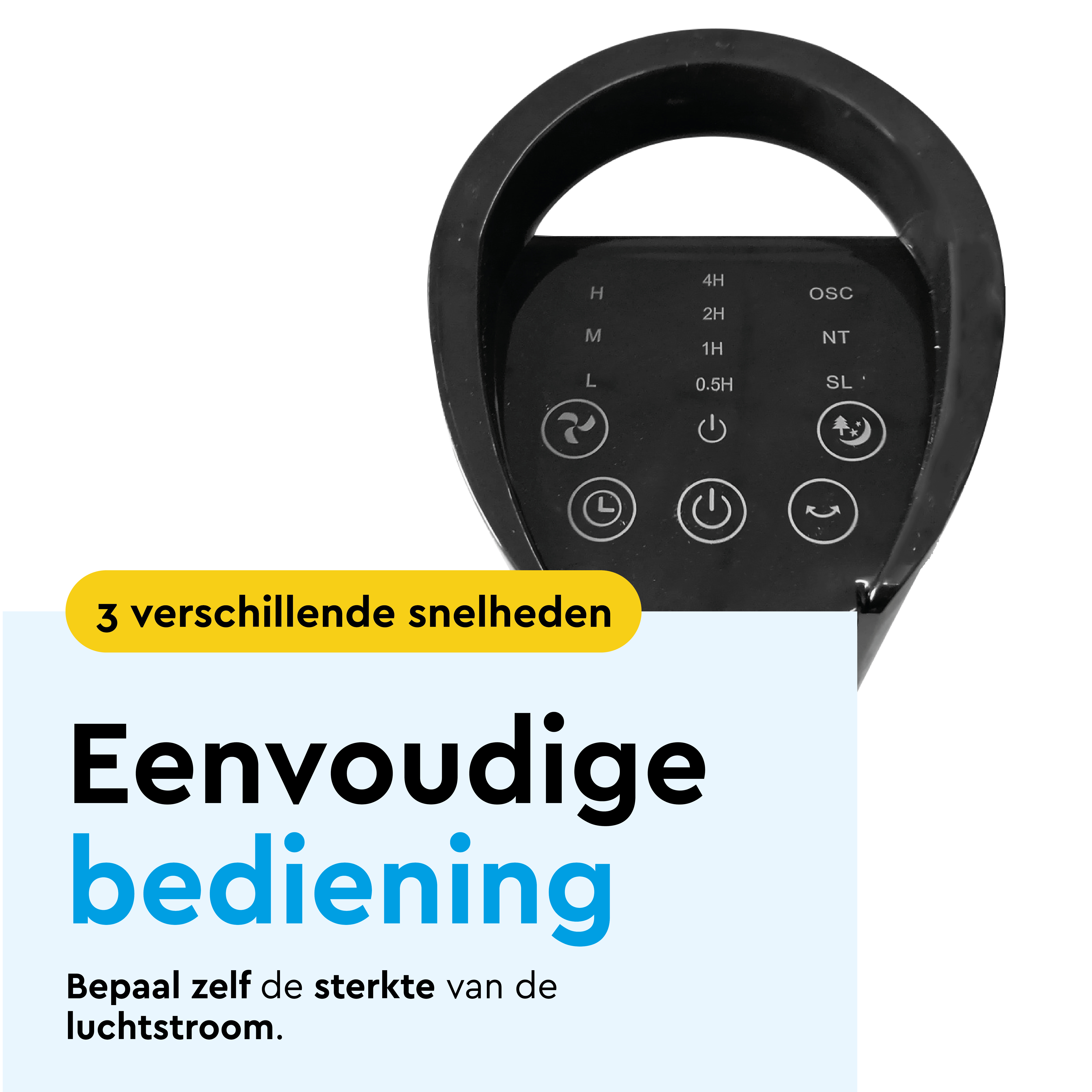 Black control panel with fan and timer icons and text.