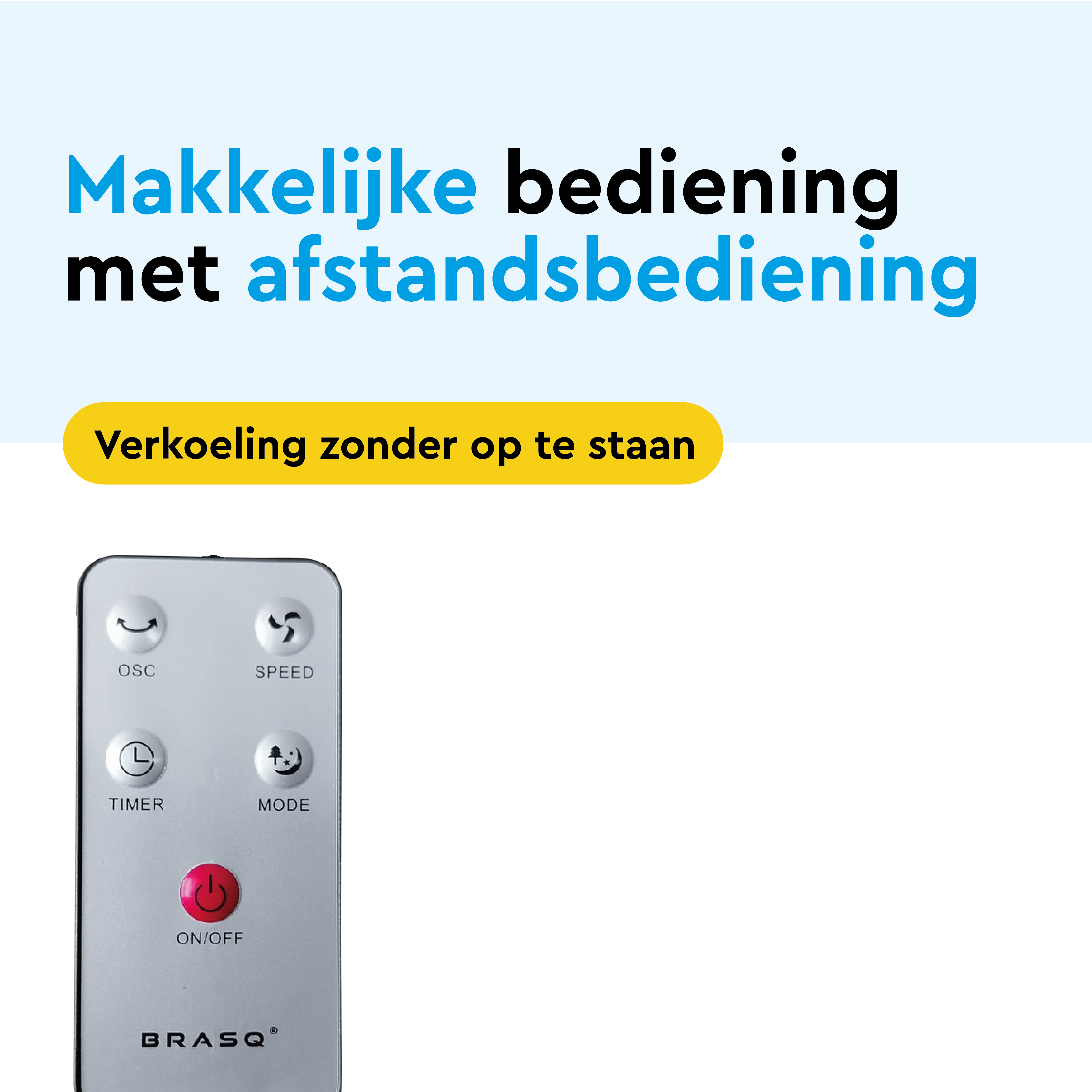 Remote control with buttons for oscillation, speed, timer, and mode.
