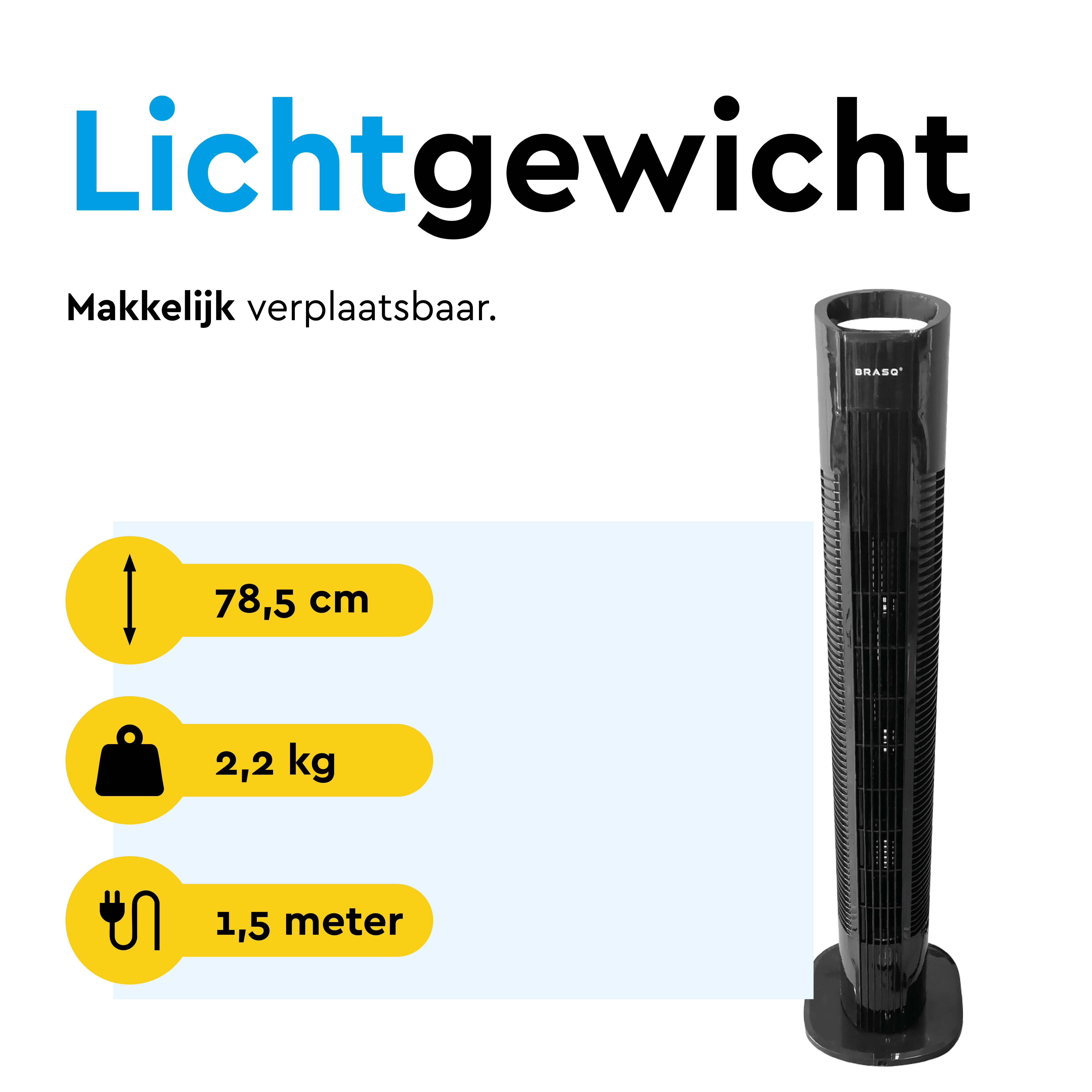 Black tower fan, 78.5 cm height, 2.2 kg weight, 1.5m cord.