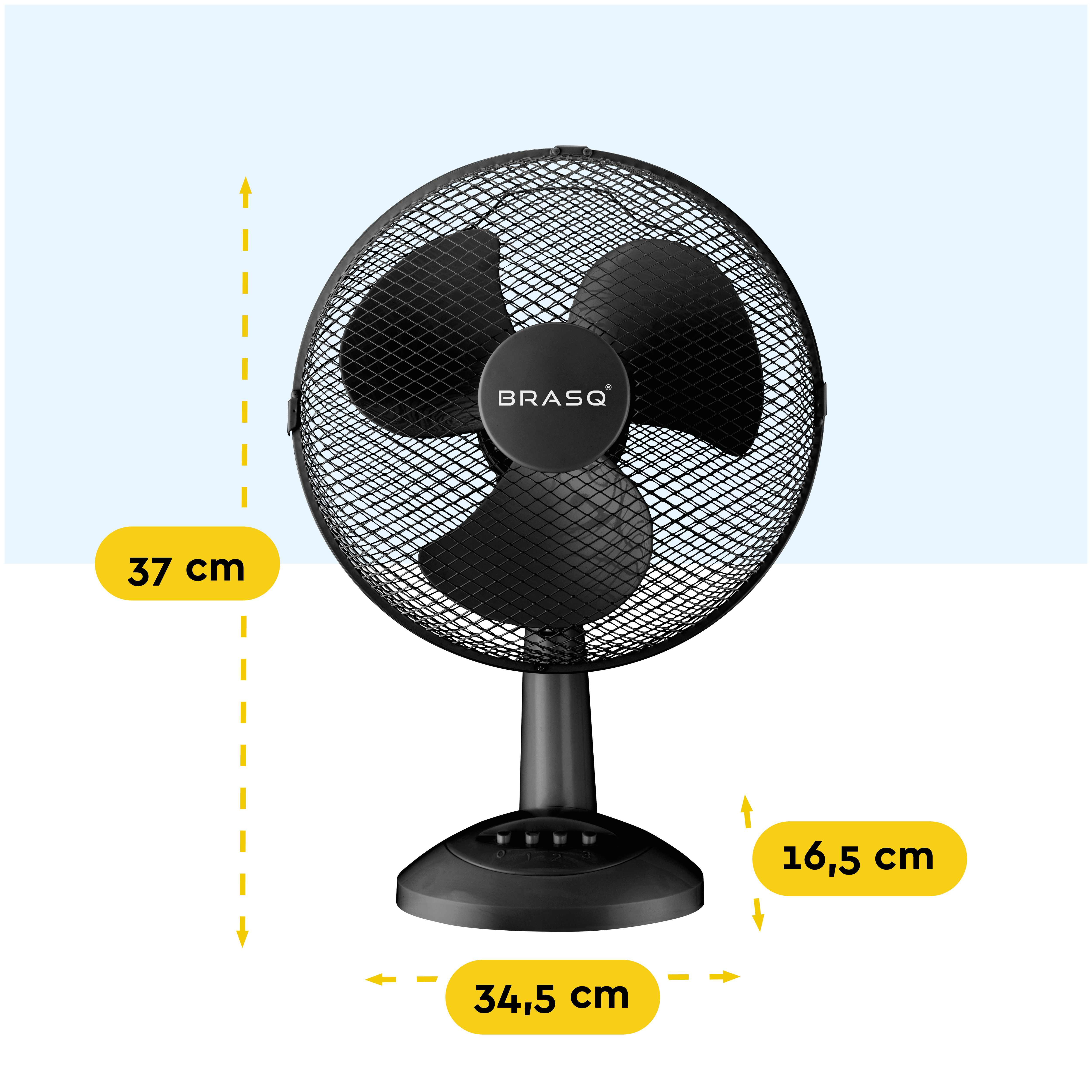 Black desk fan with a grille, 37cm high, 34.5cm wide, 16.5cm deep.