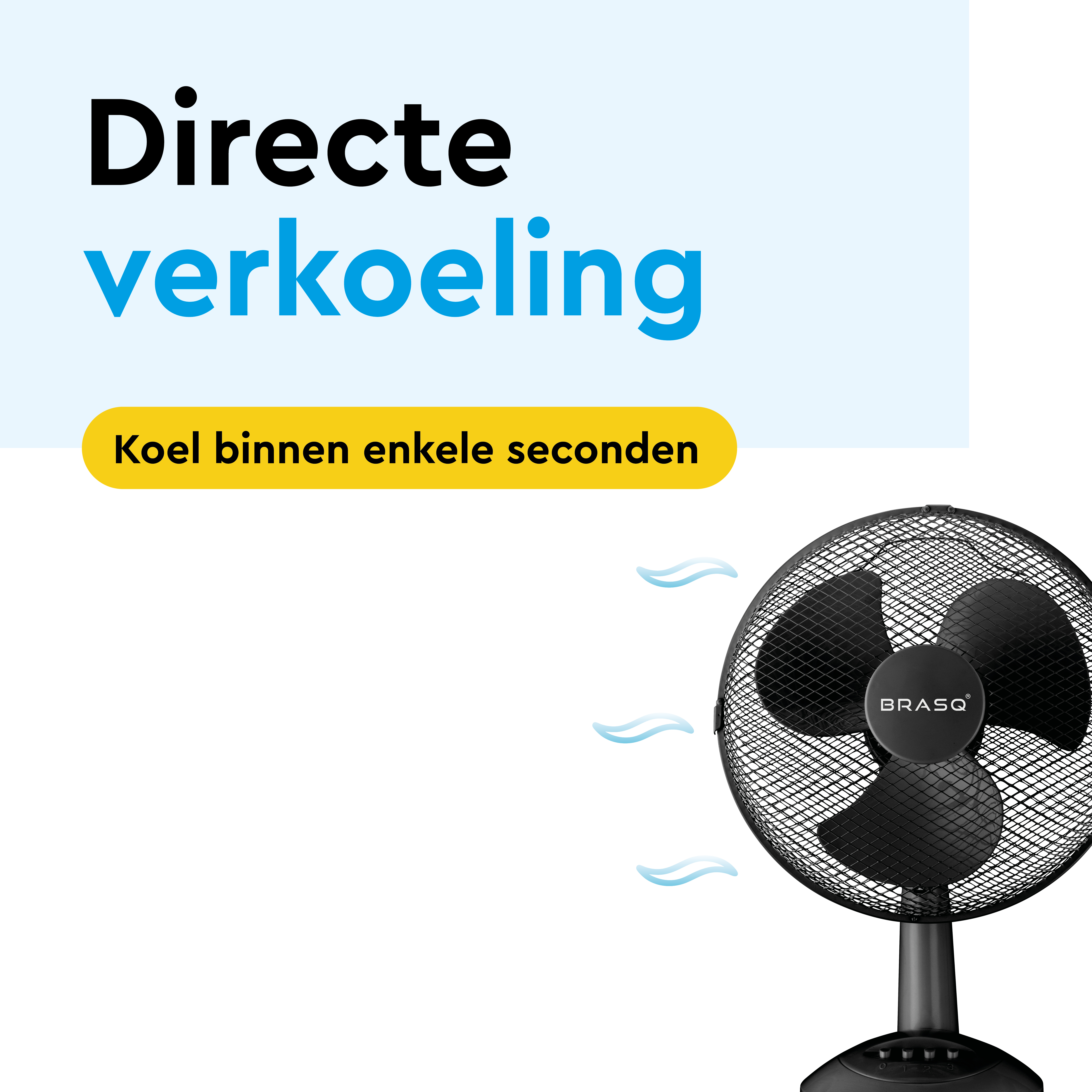 A black, three-bladed fan stands on a white background with blue wavy lines.