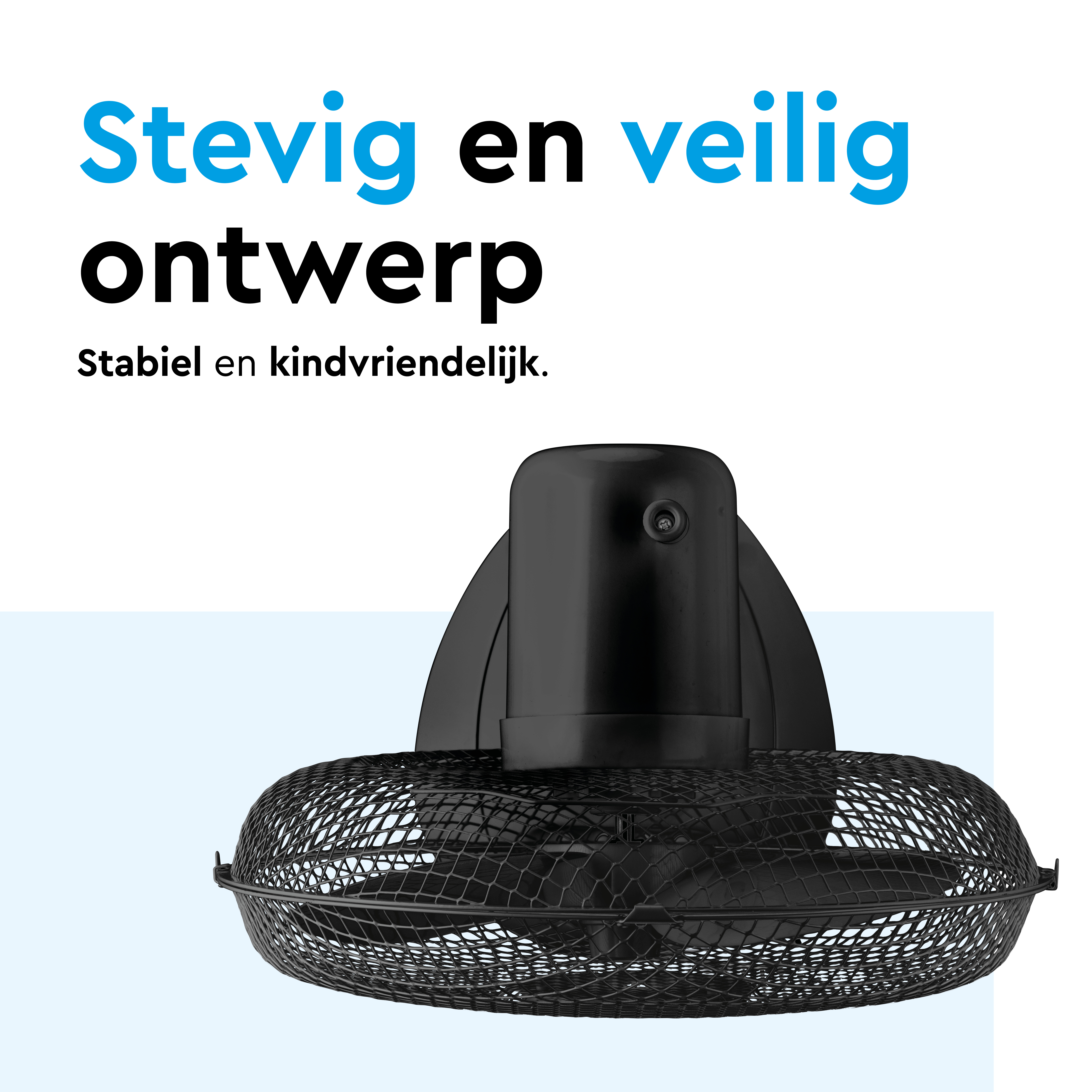 Black fan with a grille and text in Dutch.