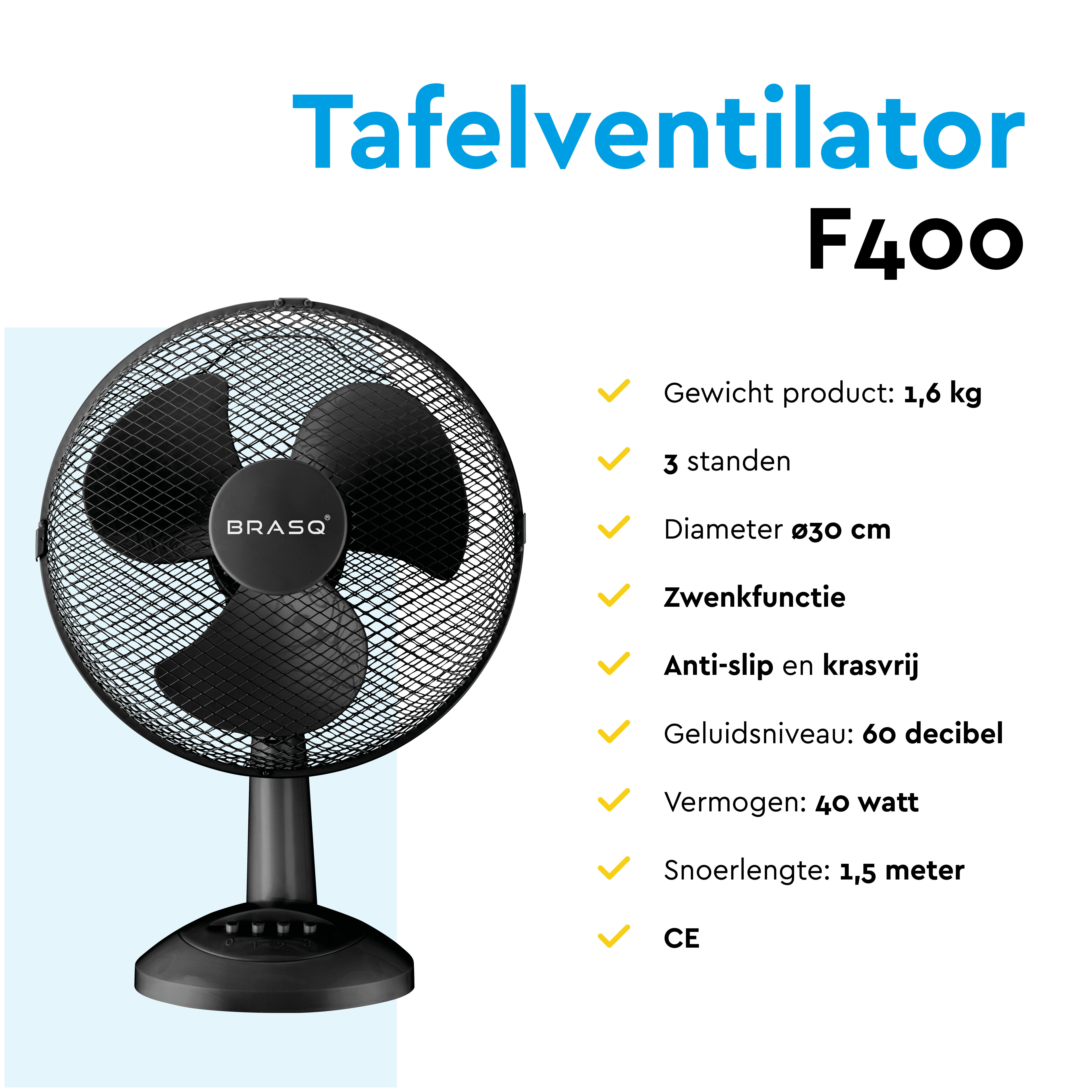 A black table fan, model F400 by BRASQ, with product details listed.