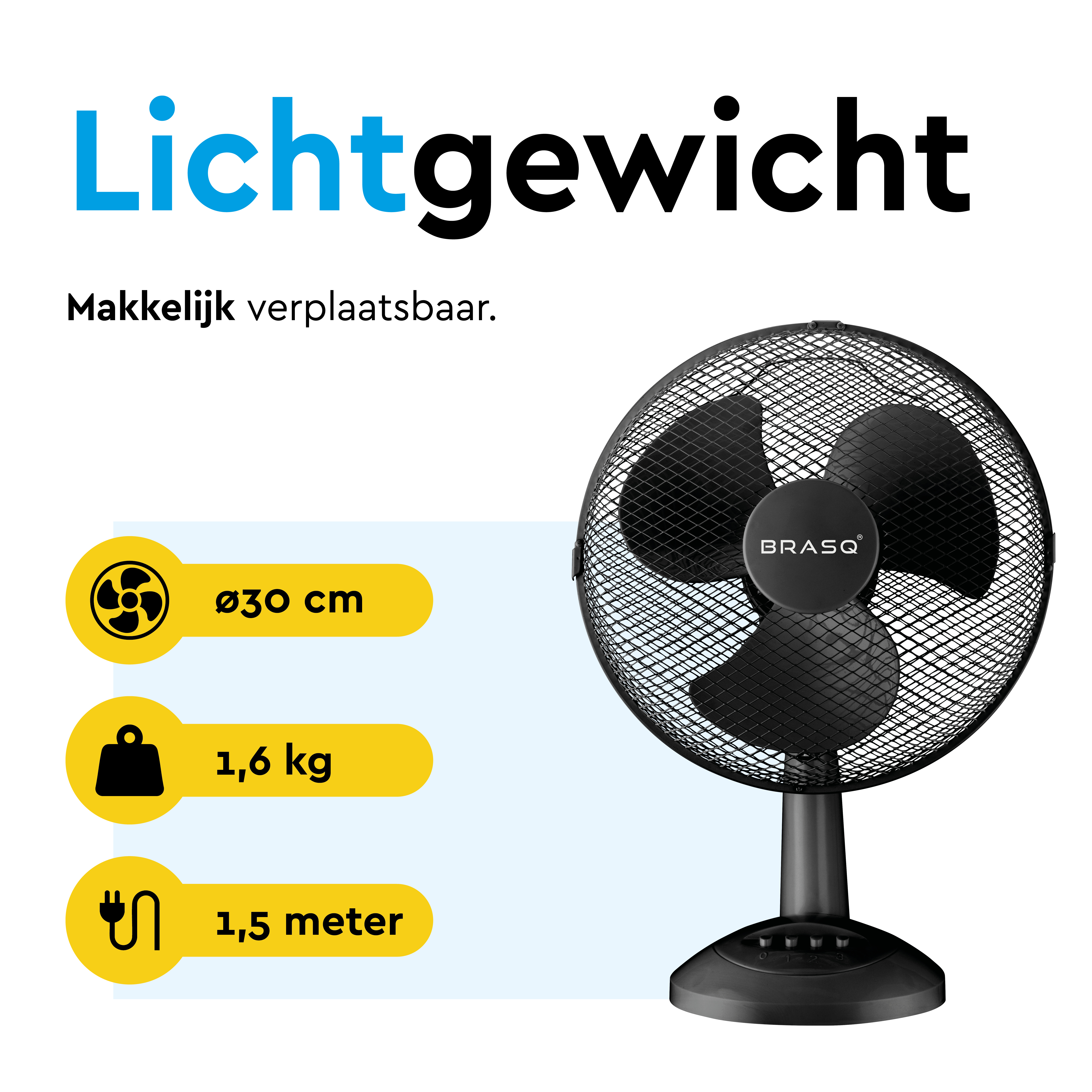 A black table fan with 30cm diameter, 1.6kg weight, and 1.5m cord.