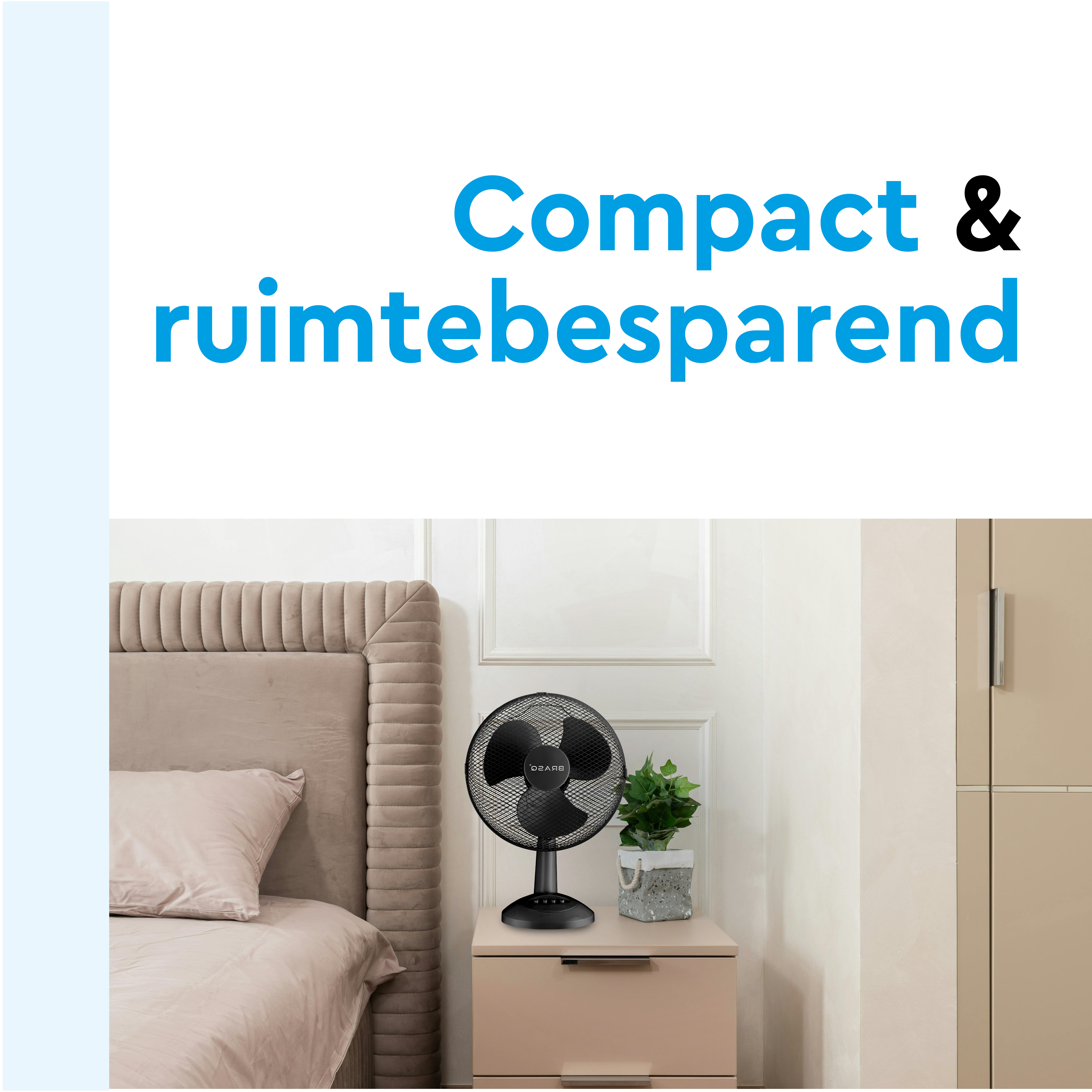 A black fan sits on a nightstand next to a bed.