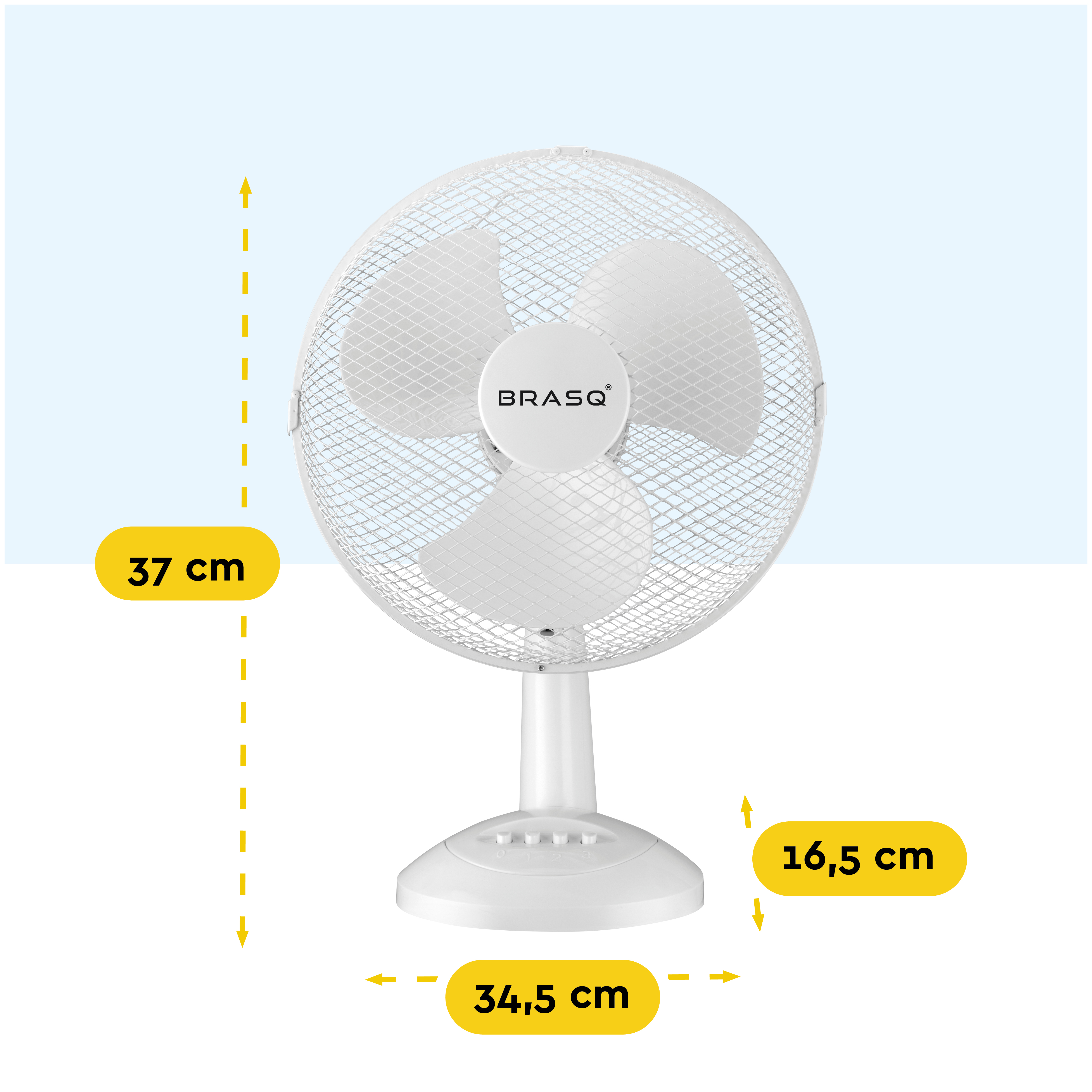 A white table fan with the "BRASQ" logo and dimension markings.