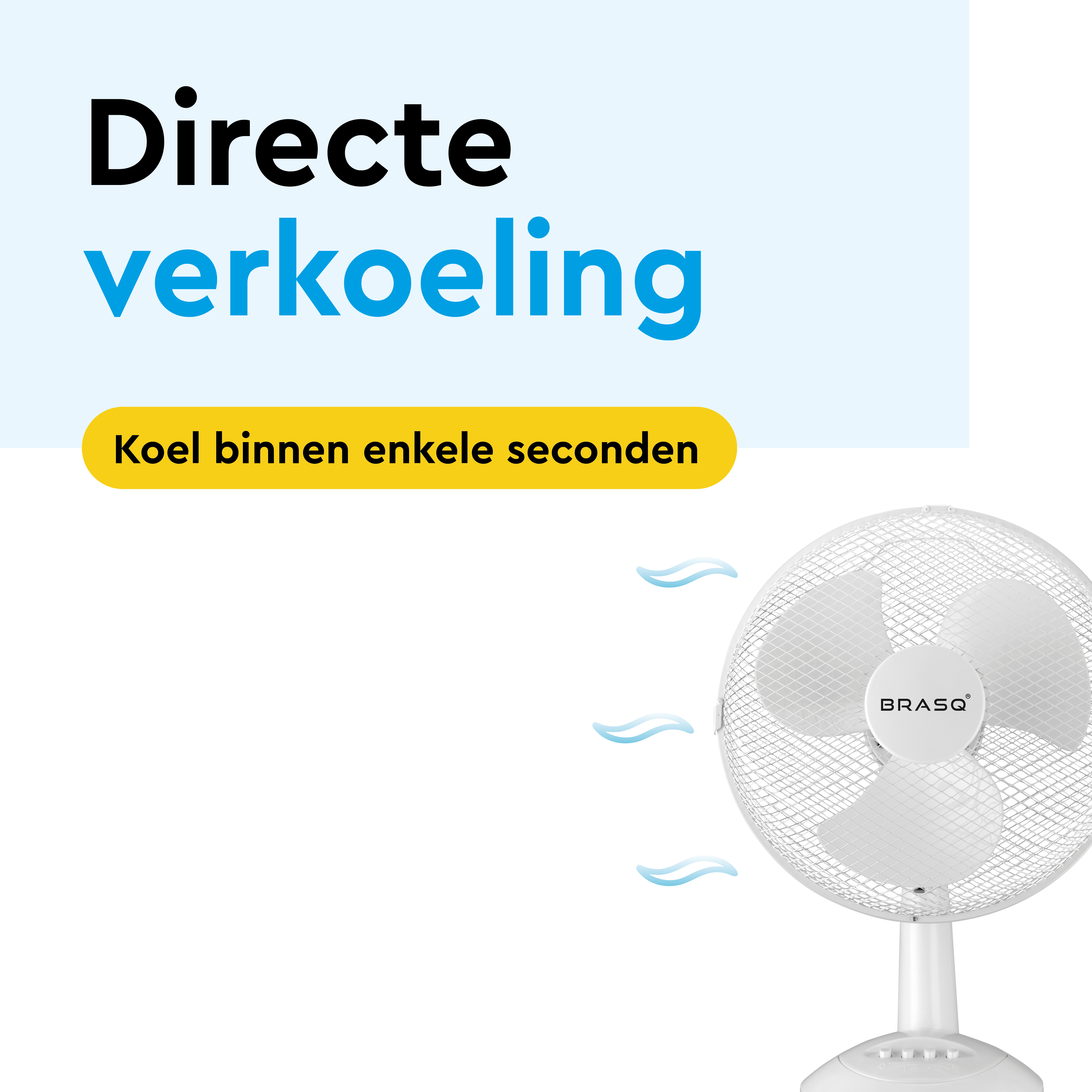 A white desk fan with three blades and the BRASQ logo.