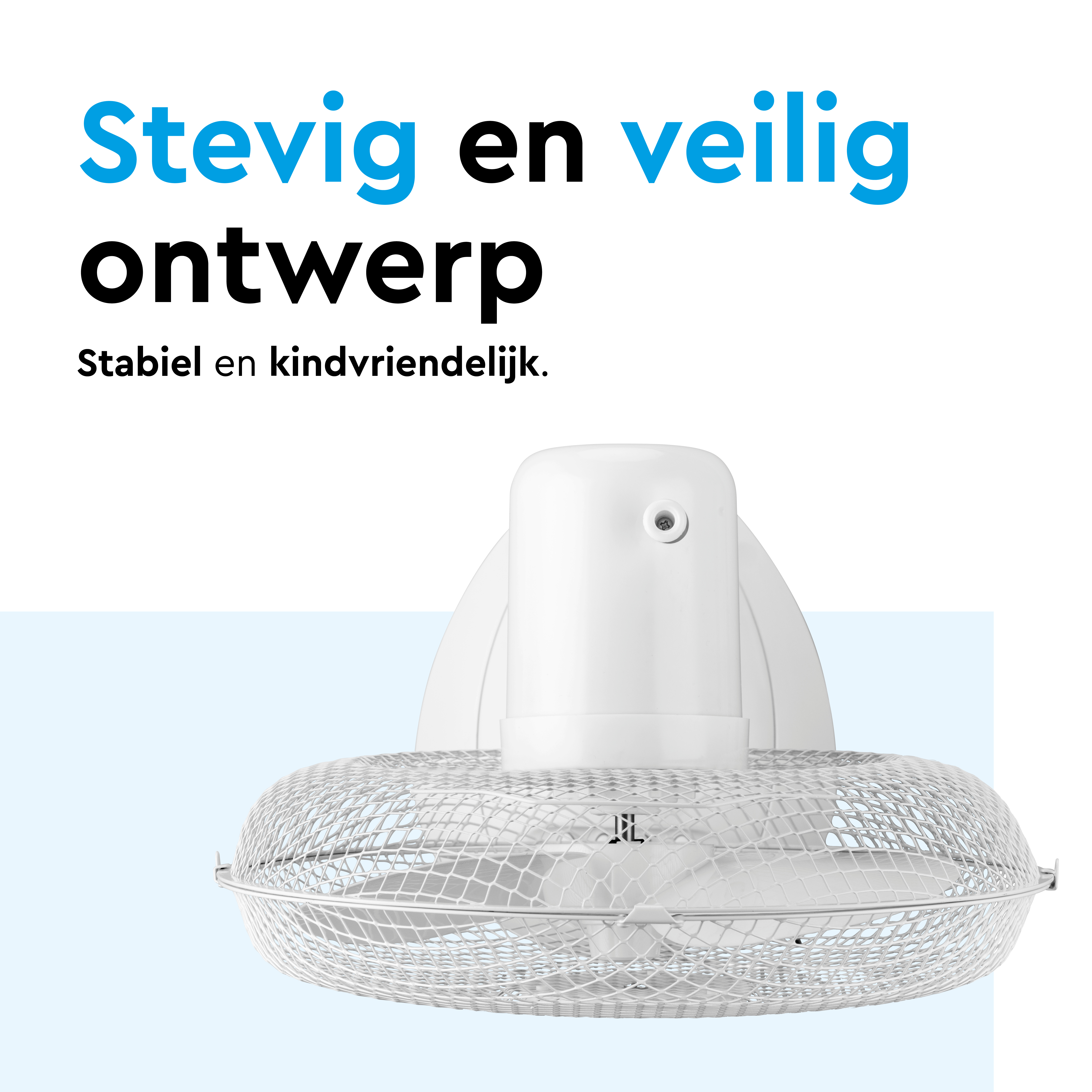 A white fan with a grill and text above it.