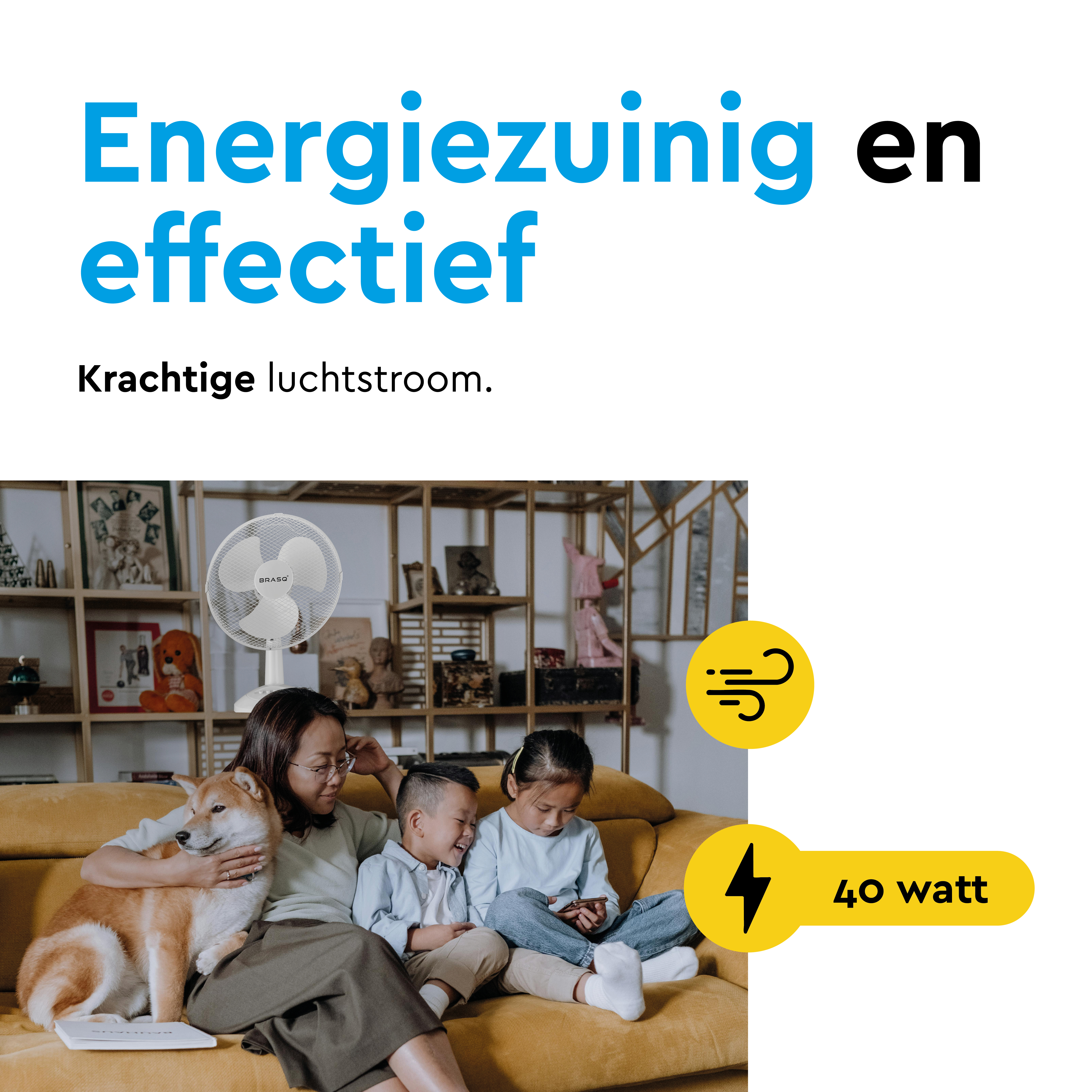 Family on sofa with fan and "40 watt" sticker.
