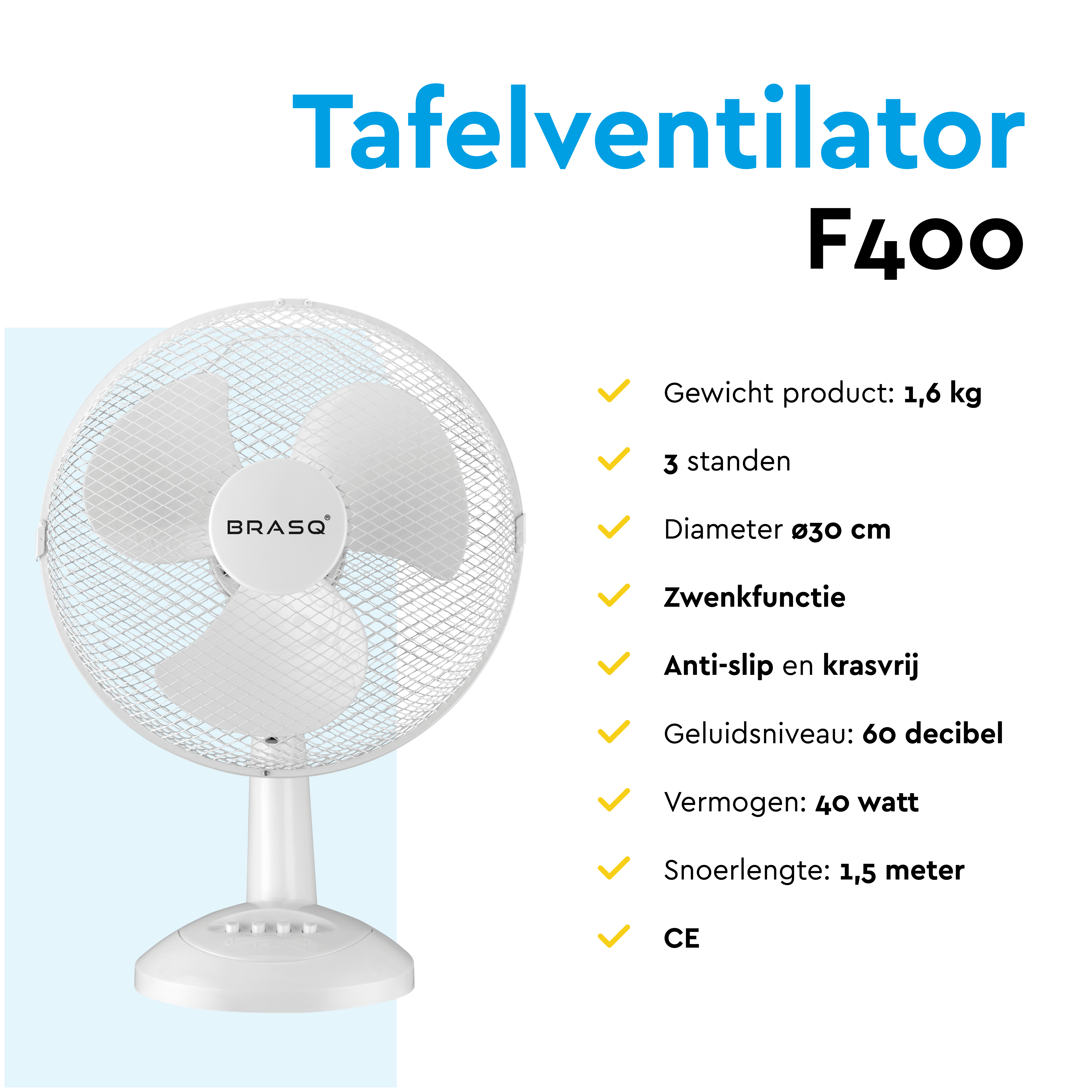 A white table fan, model F400, with its specifications listed.