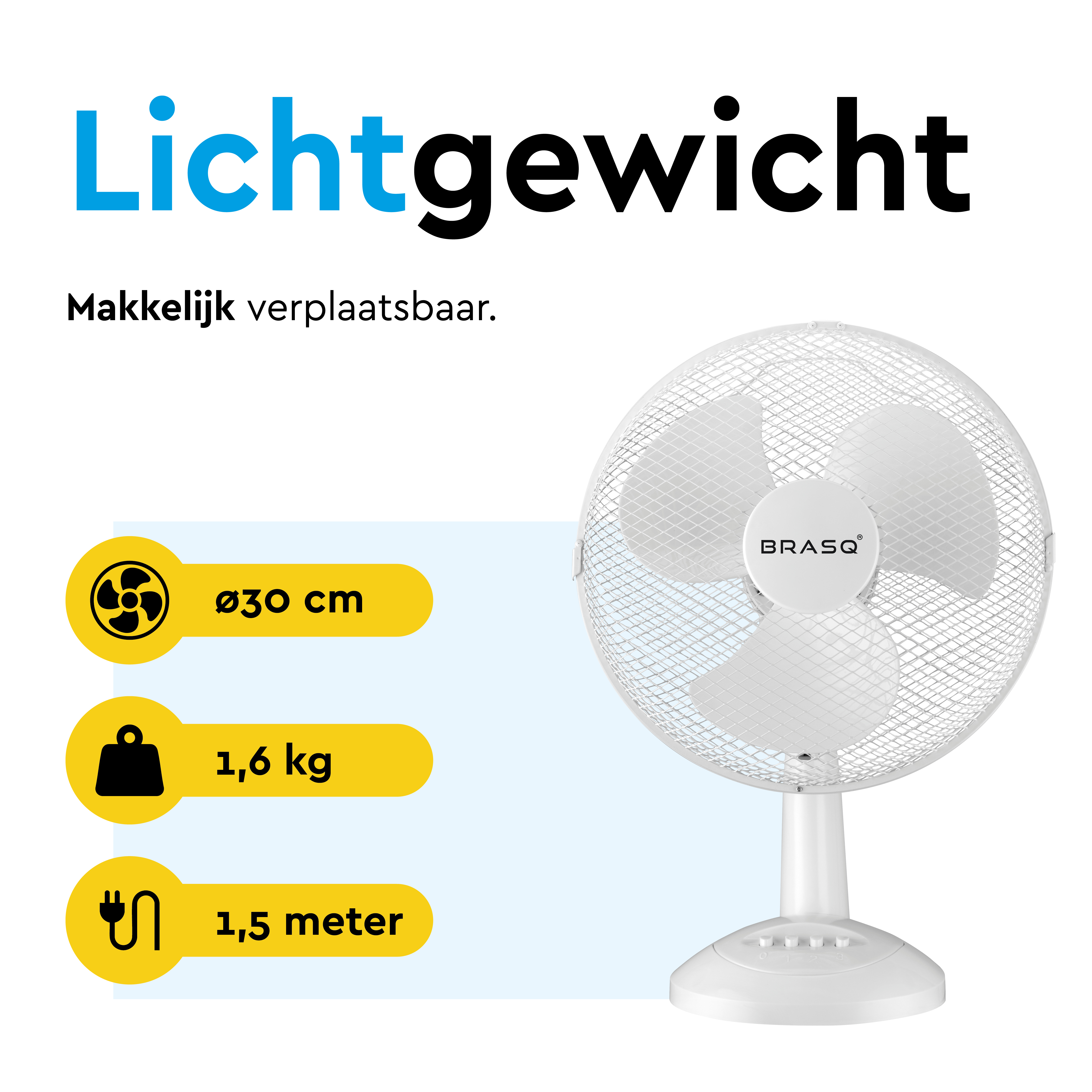 A white table fan with 30cm diameter, 1.6kg weight, and 1.5m cord.