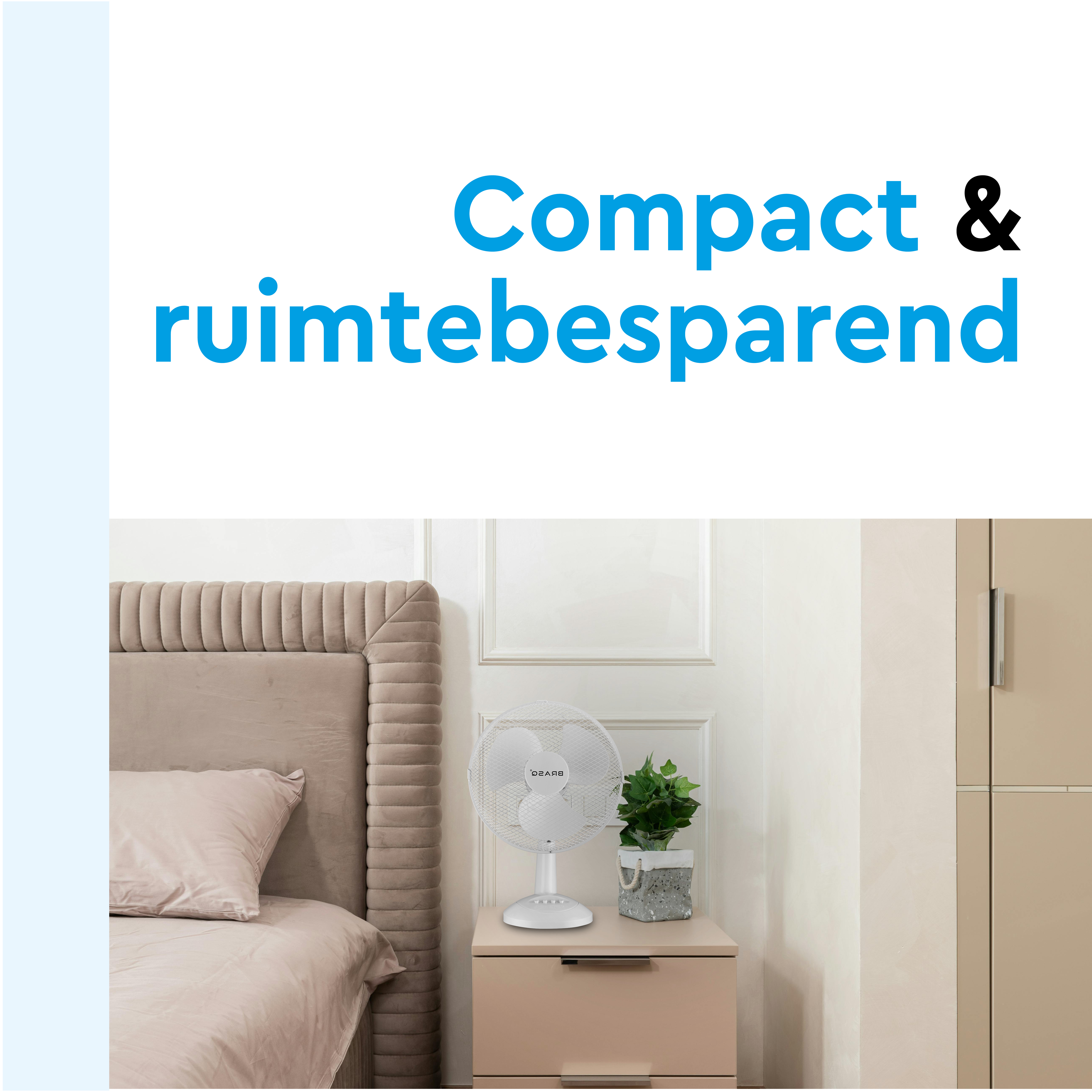 A white fan sits on a nightstand next to a bed with a headboard.