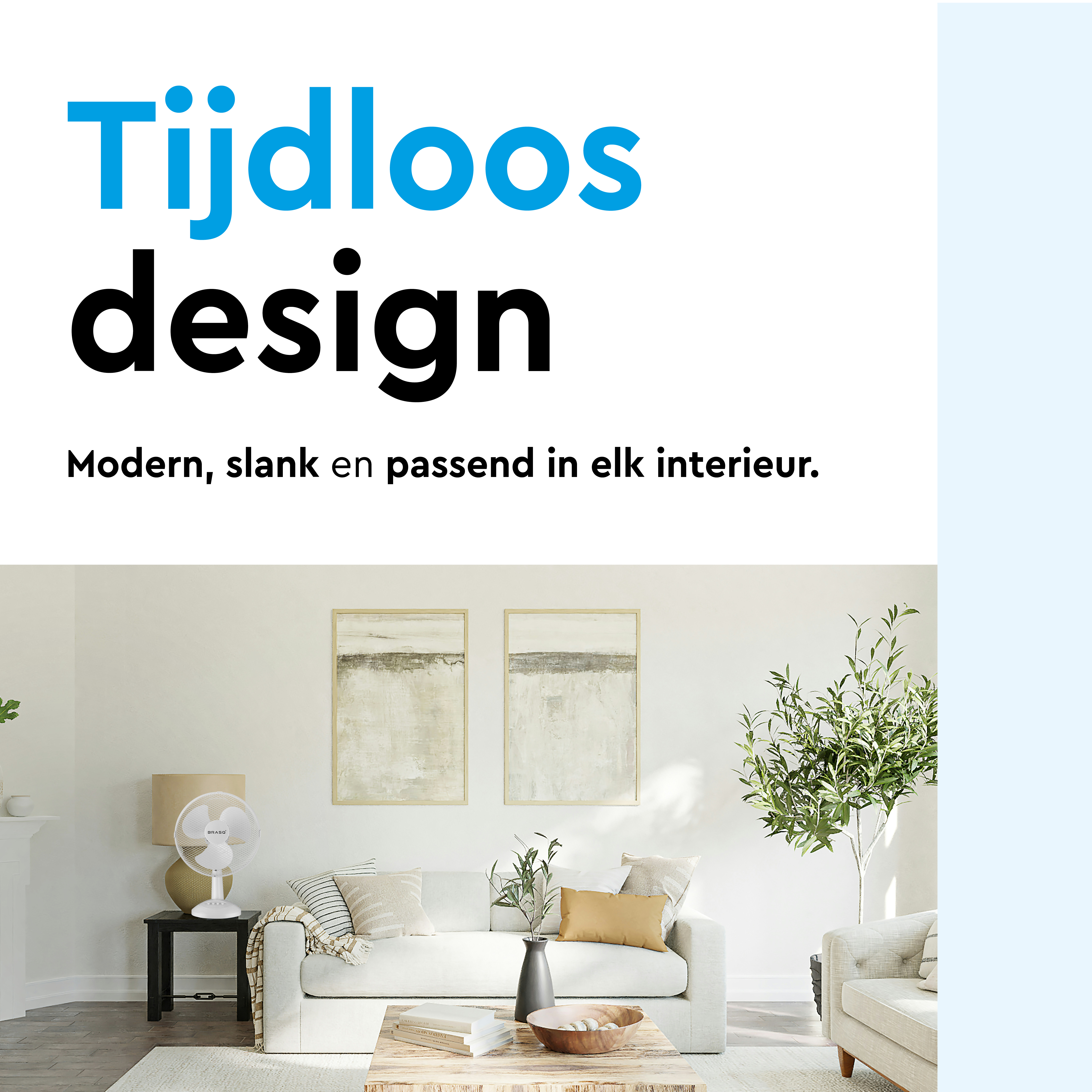 Living room with white sofa, wood table, and wall art.