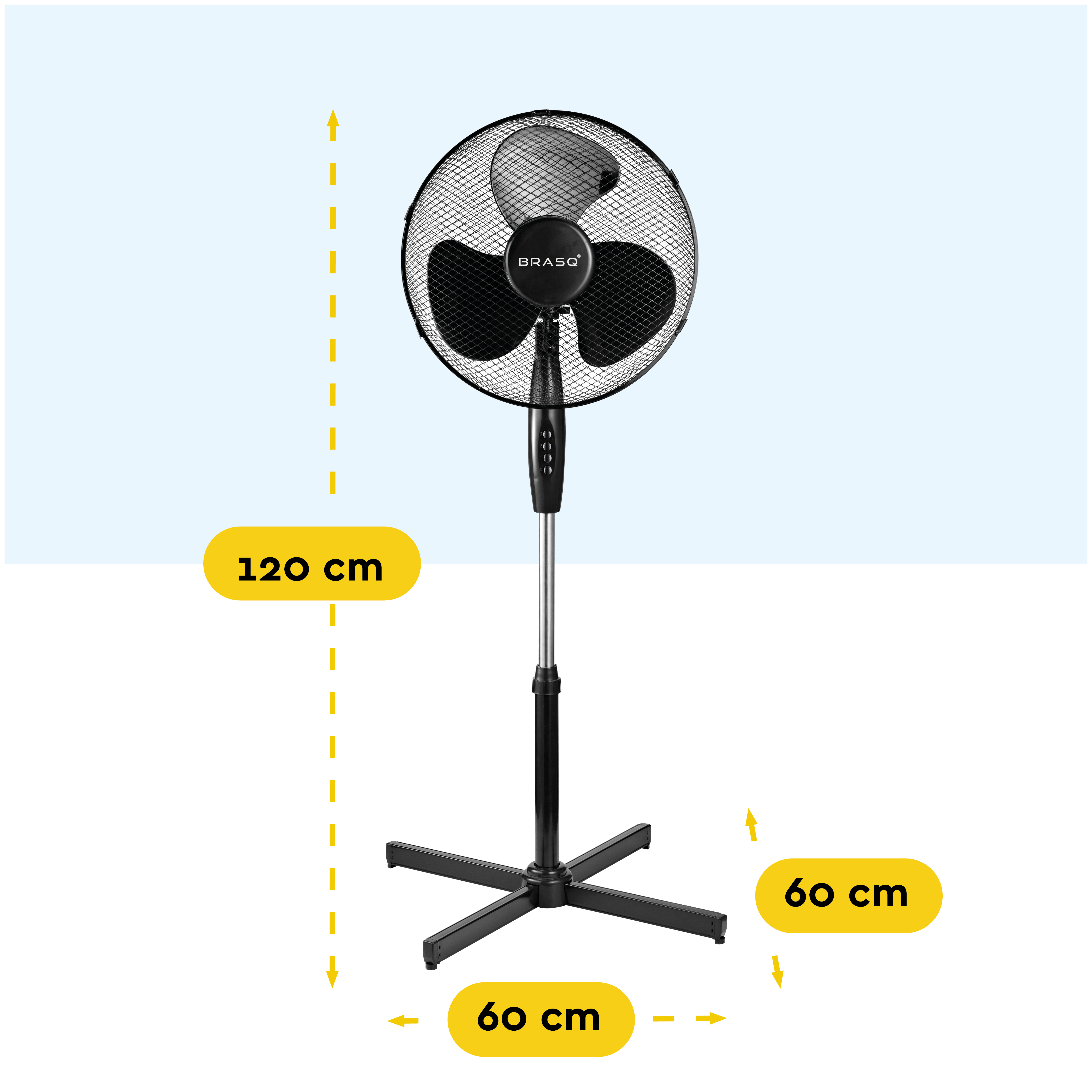 A black standing fan with a silver stand and control panel.