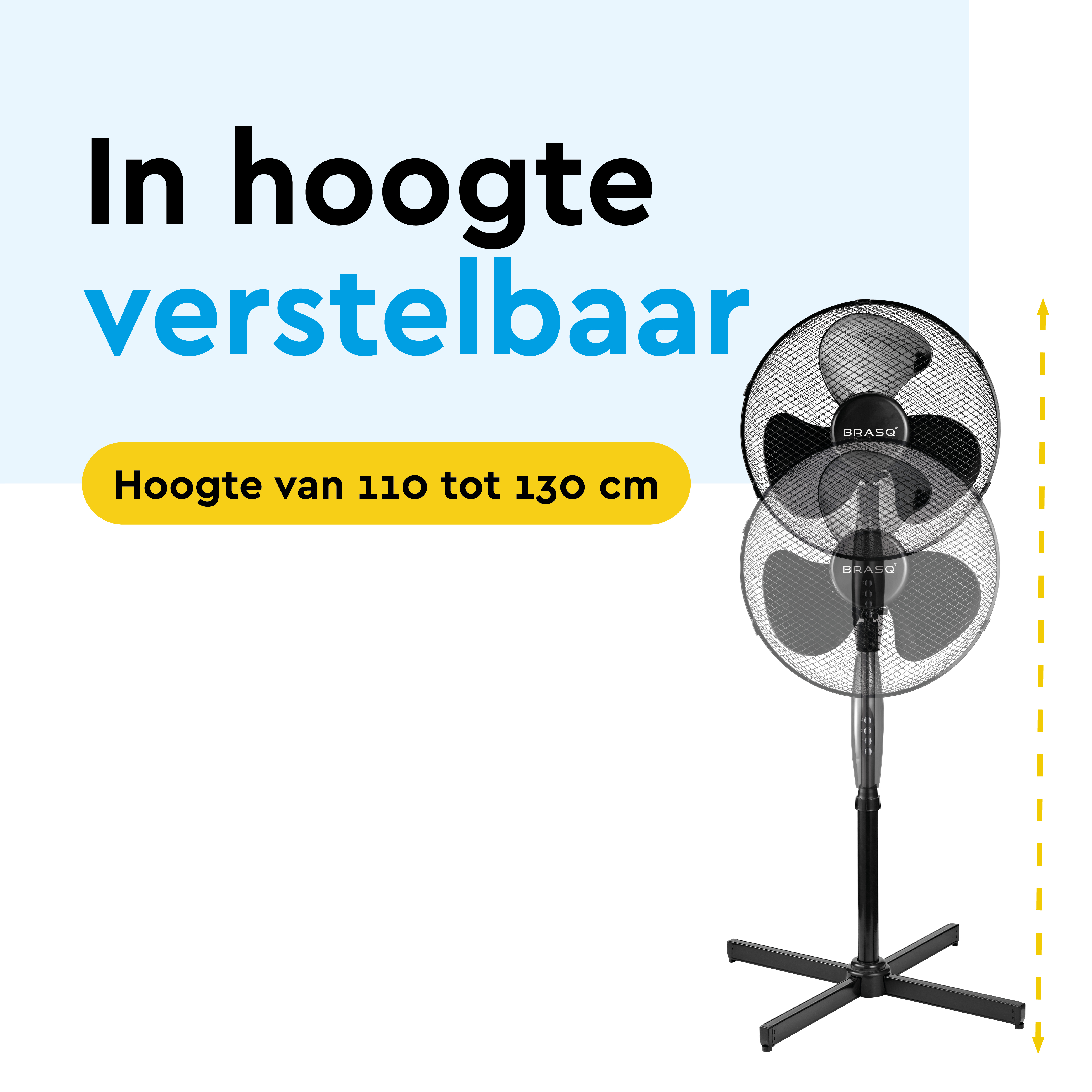 A black standing fan with adjustable height from 110-130 cm.