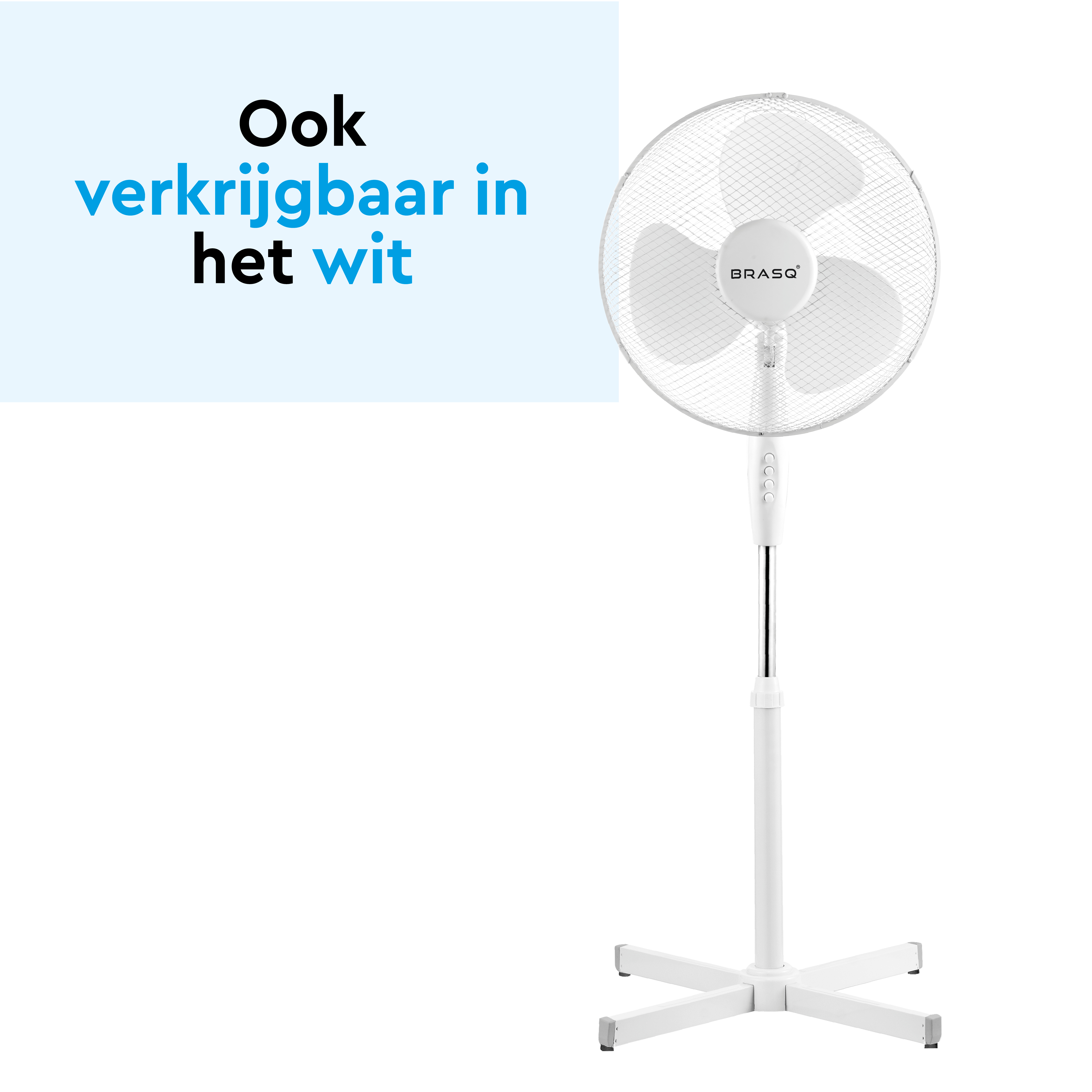 A white pedestal fan with three blades and a round grill.