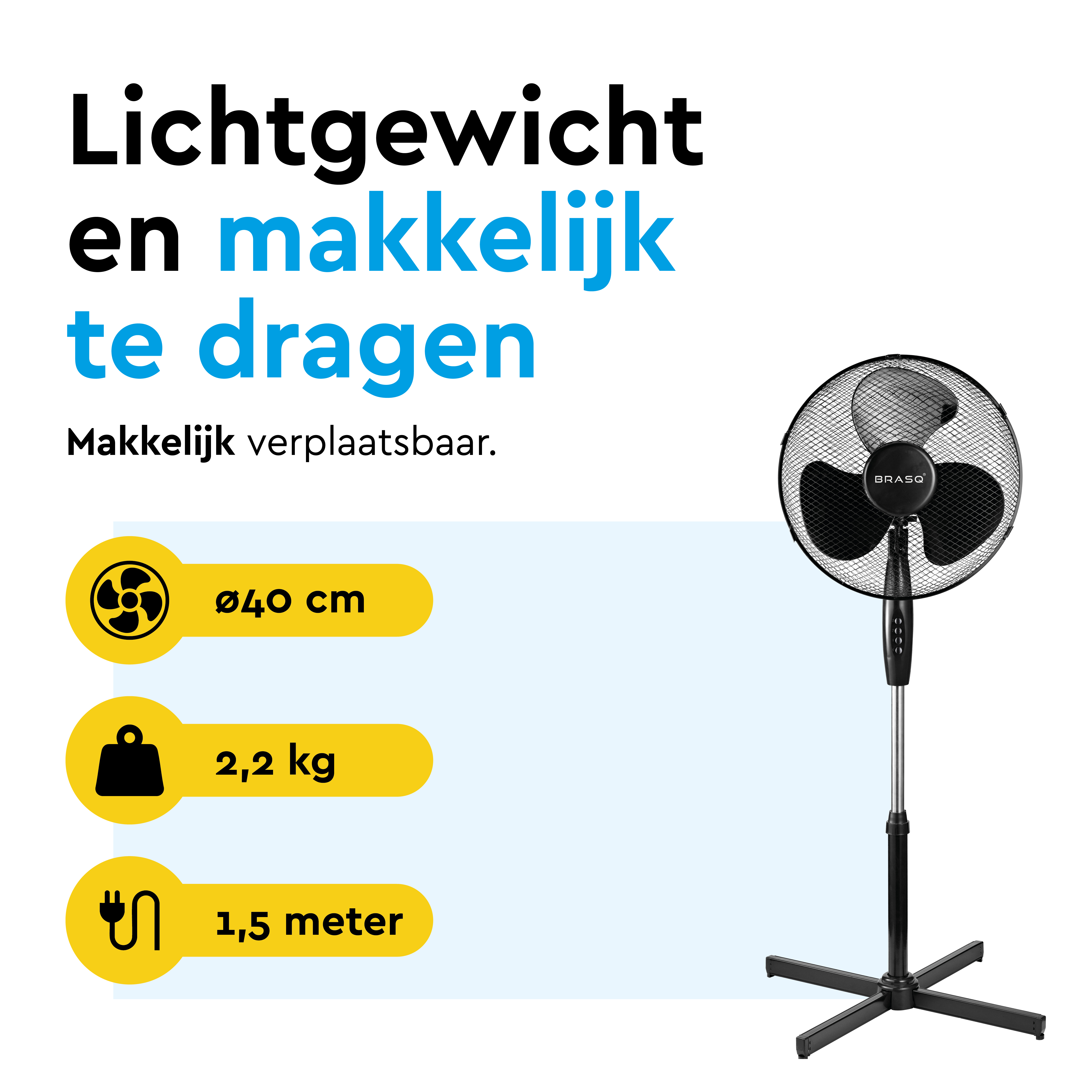 A black standing fan with 40cm diameter, 2.2kg weight, and 1.5m cord.