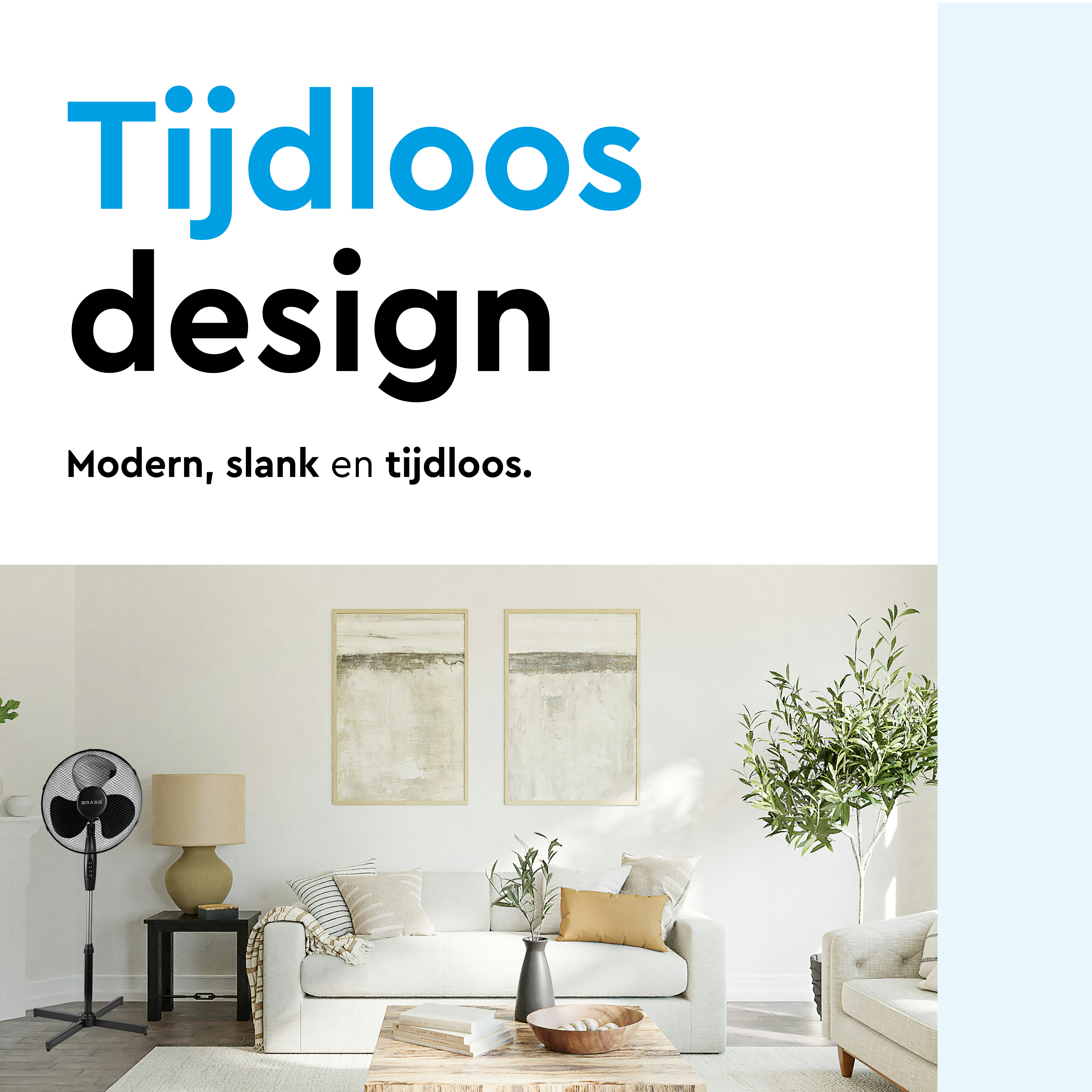 A living room with a sofa, a table, and a fan.