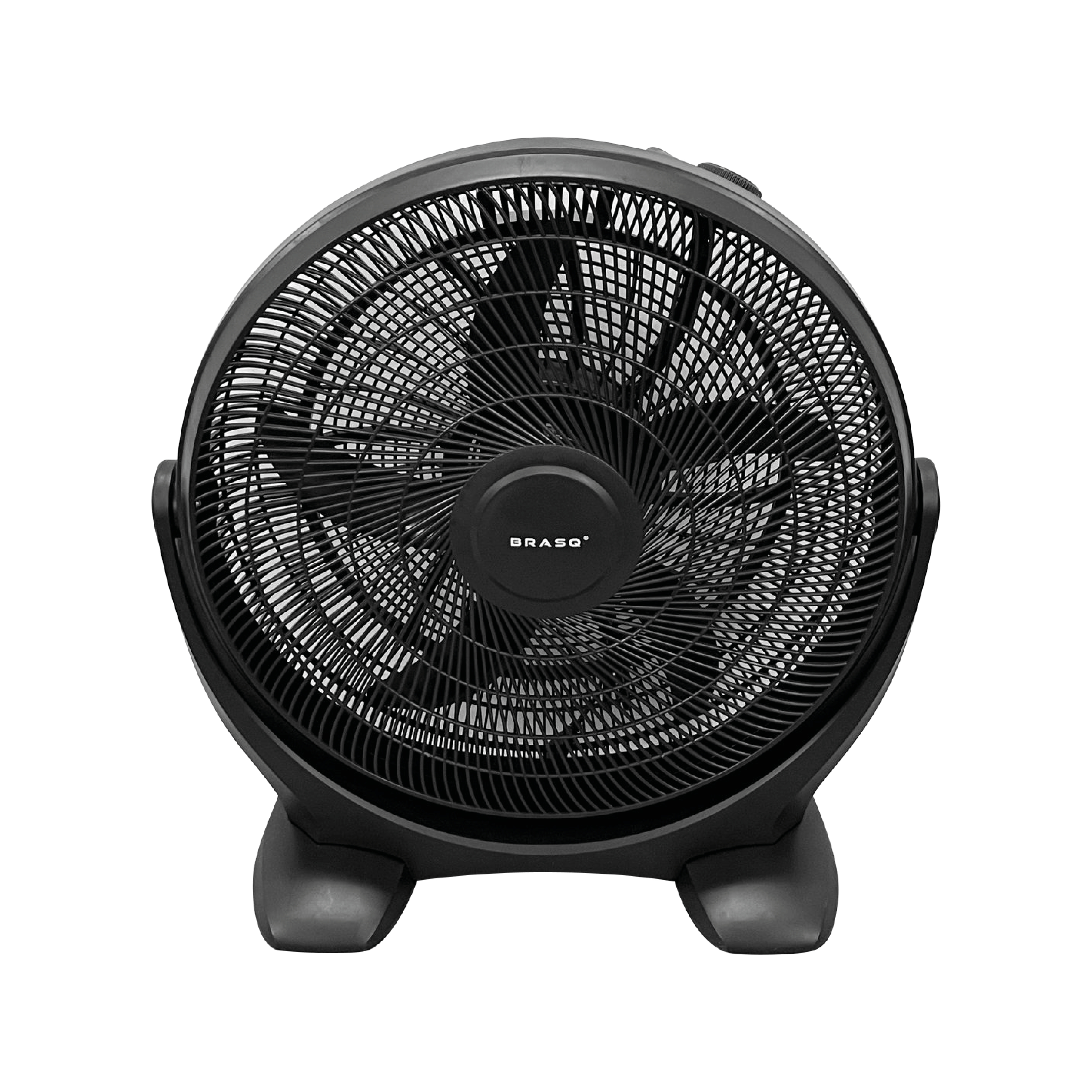 Een zwarte staande ventilator met een rond rooster en twee poten.
