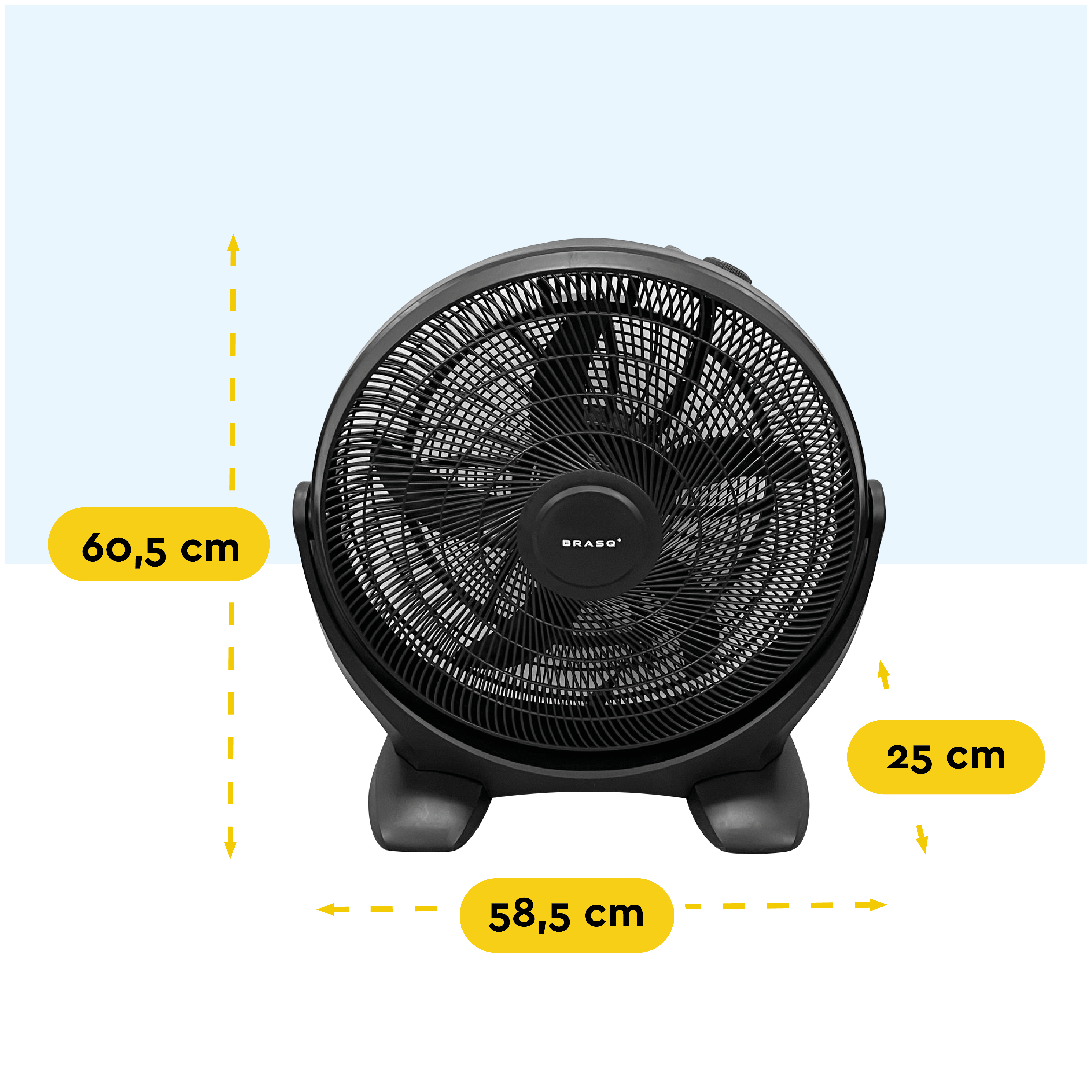 Zwarte tafelventilator met aangegeven afmetingen van 60,5 cm, 25 cm en 58,5 cm.